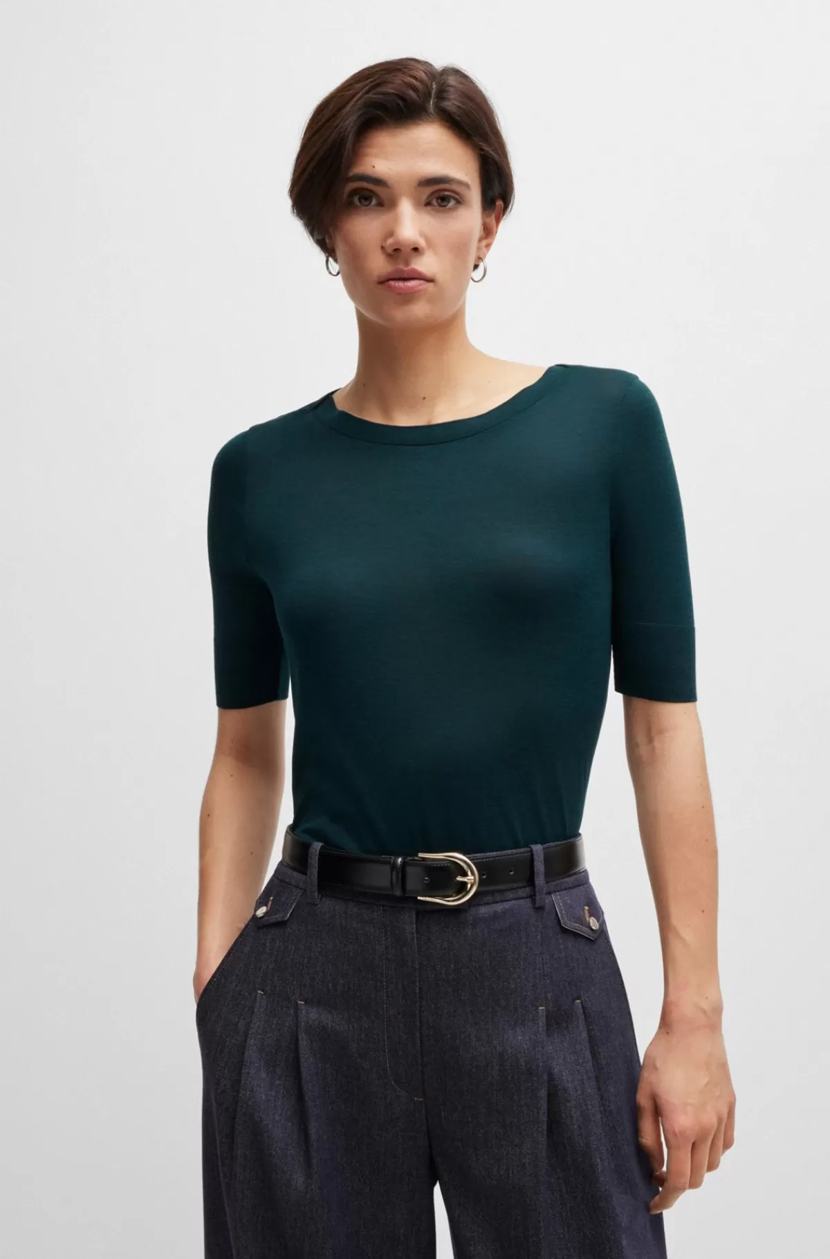 HUGO BOSS Kortærmet Top I En Silkeblanding Mørkegrøn Cheap