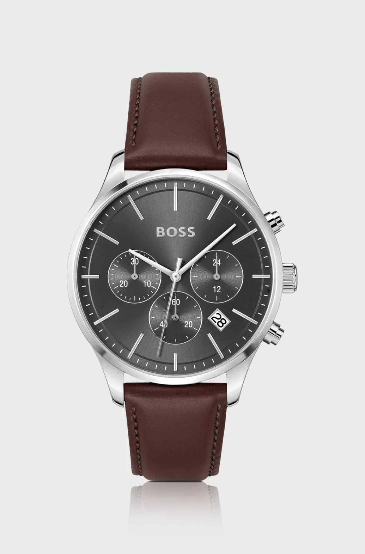 HUGO BOSS Kronograf-ur I Rustfrit Stål Med Læderrem Med Syninger Brun Sale