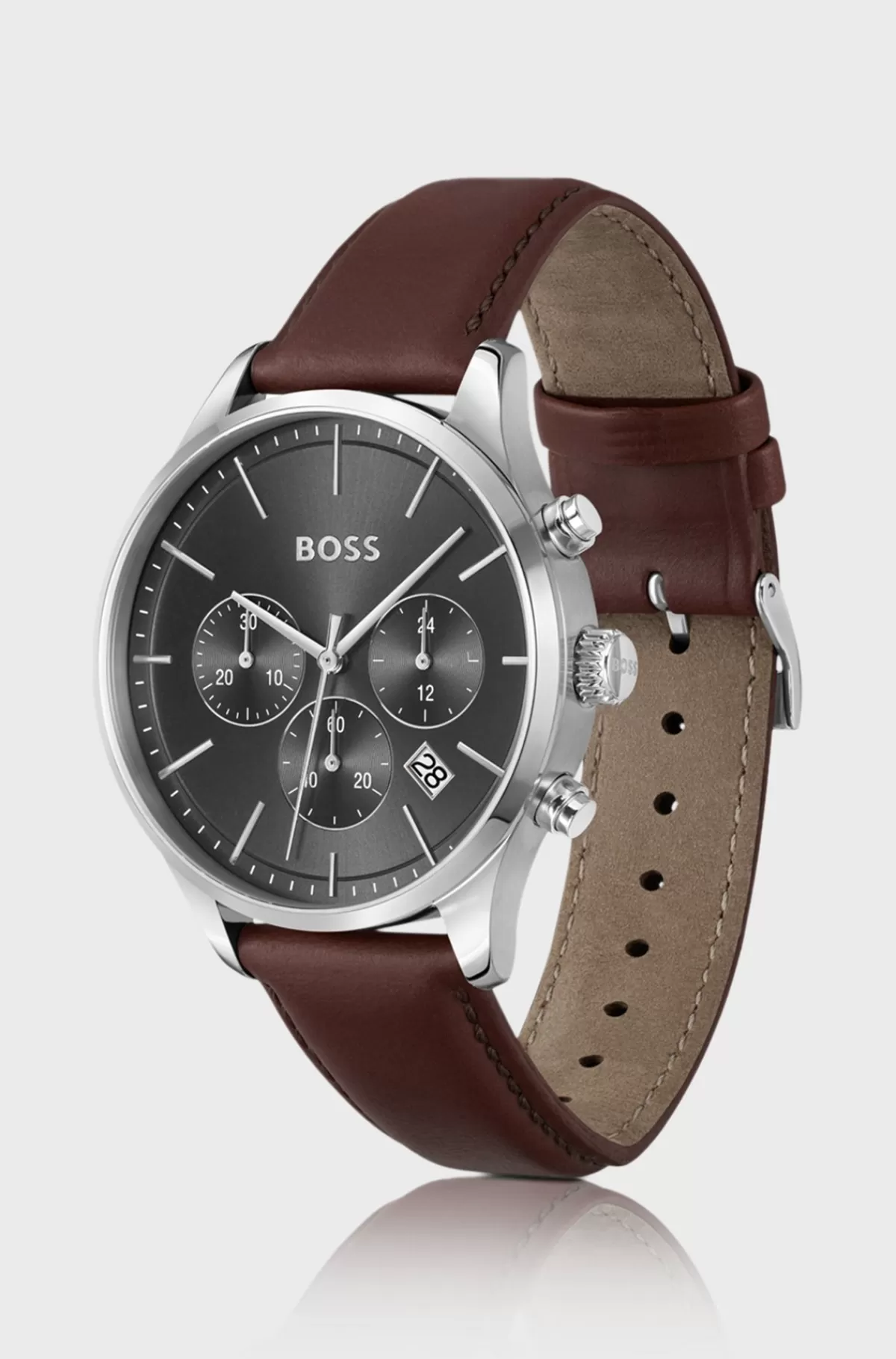 HUGO BOSS Kronograf-ur I Rustfrit Stål Med Læderrem Med Syninger Brun Sale