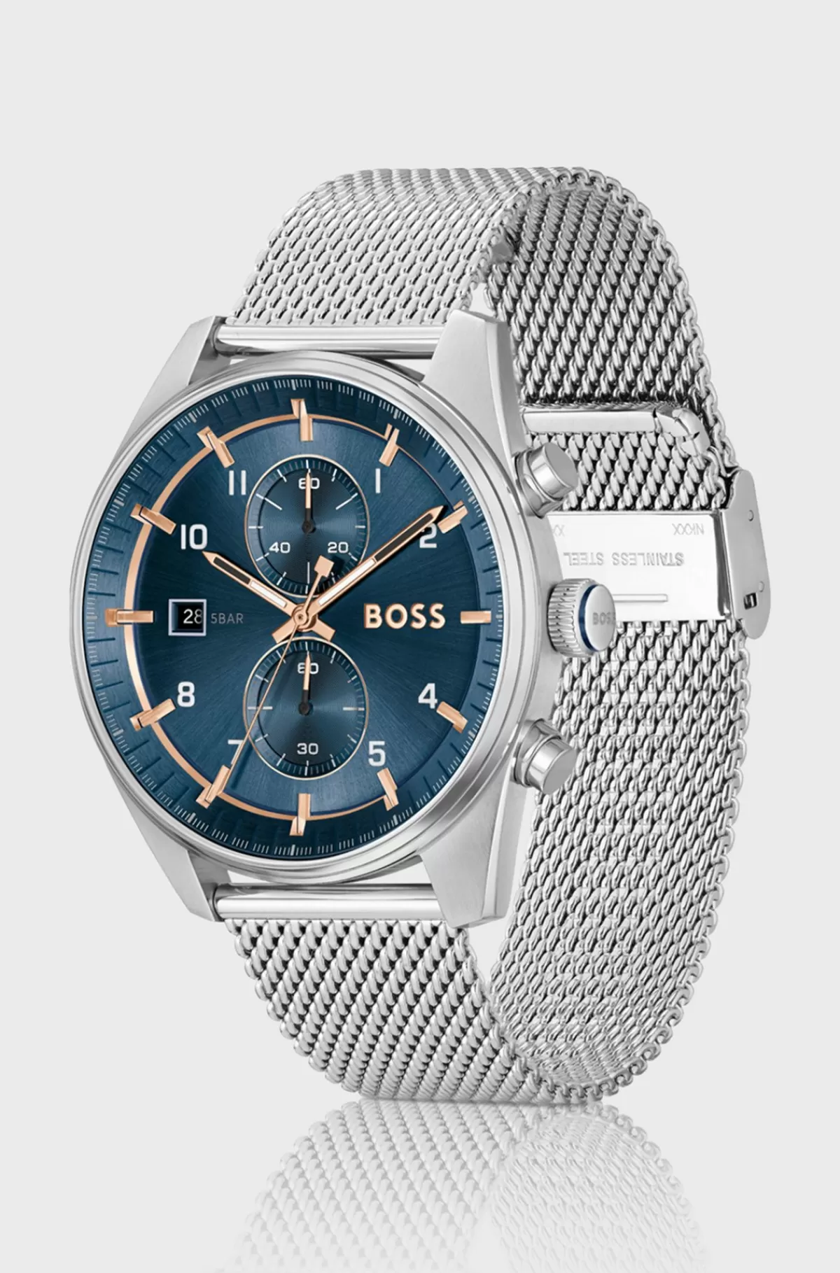 HUGO BOSS Kronograf-ur Med Blå Urskive Og Meshrem Sølv Discount