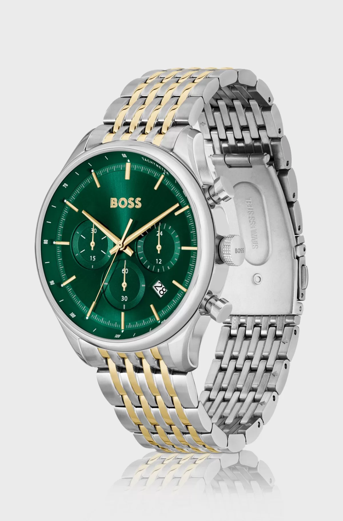 HUGO BOSS Kronograf-ur Med Grøn Urskive Og Tofarvet Lænkerem Sølv Flash Sale