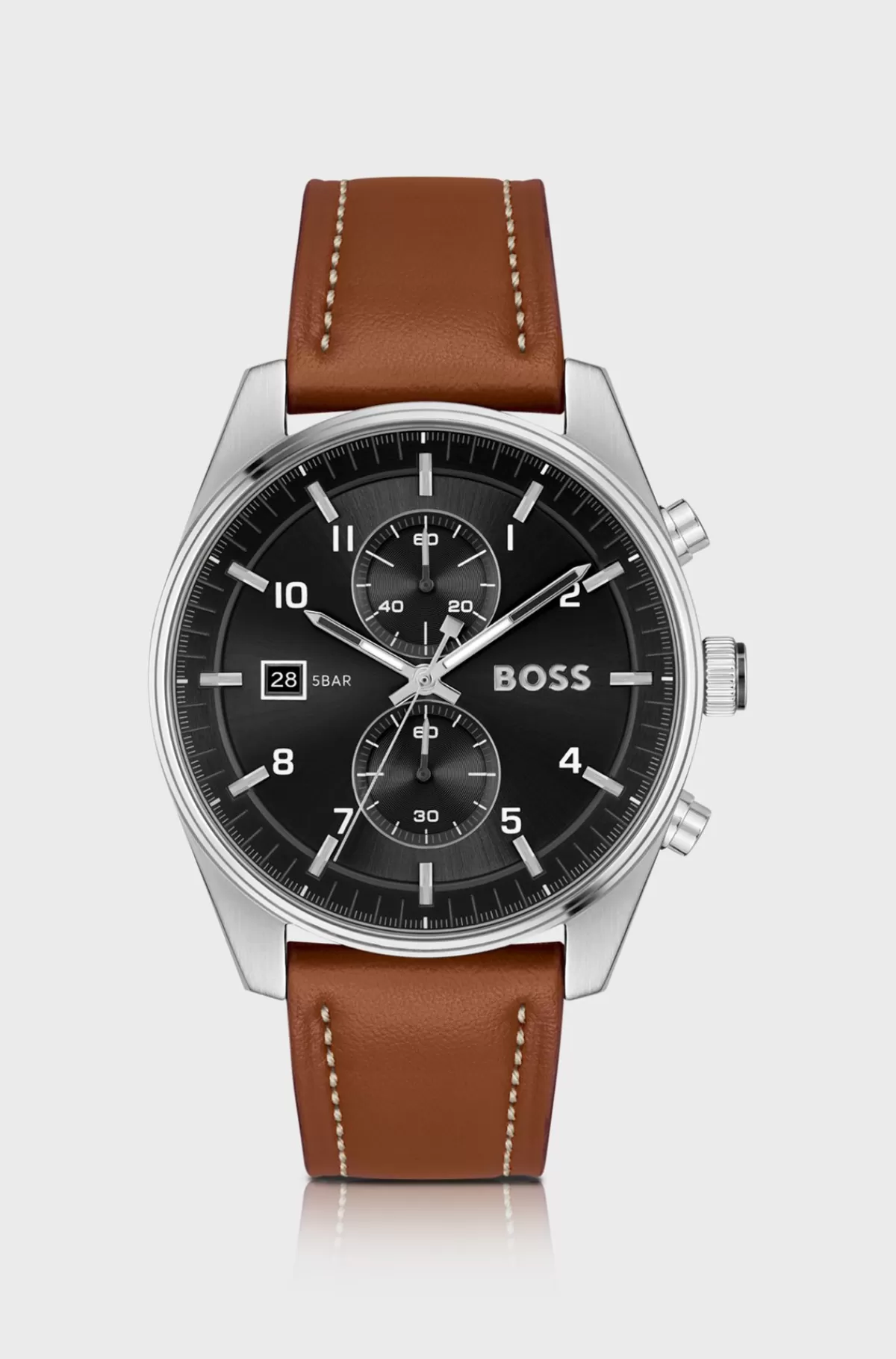 HUGO BOSS Kronograf-ur Med Sort Urskive Og Læderrem Brun Sale