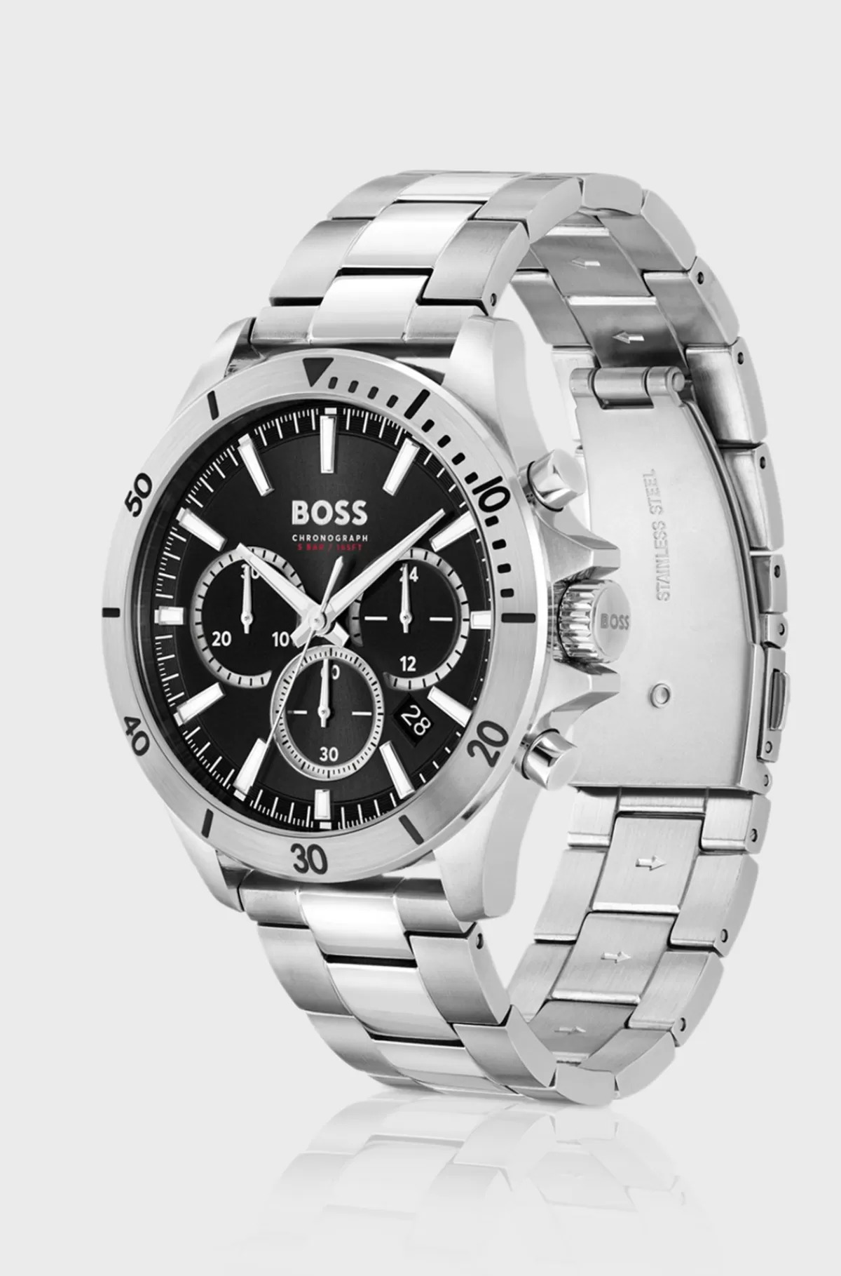 HUGO BOSS Kronograf-ur Med Sort Urskive Og Leddelt Armbånd Sølv Discount