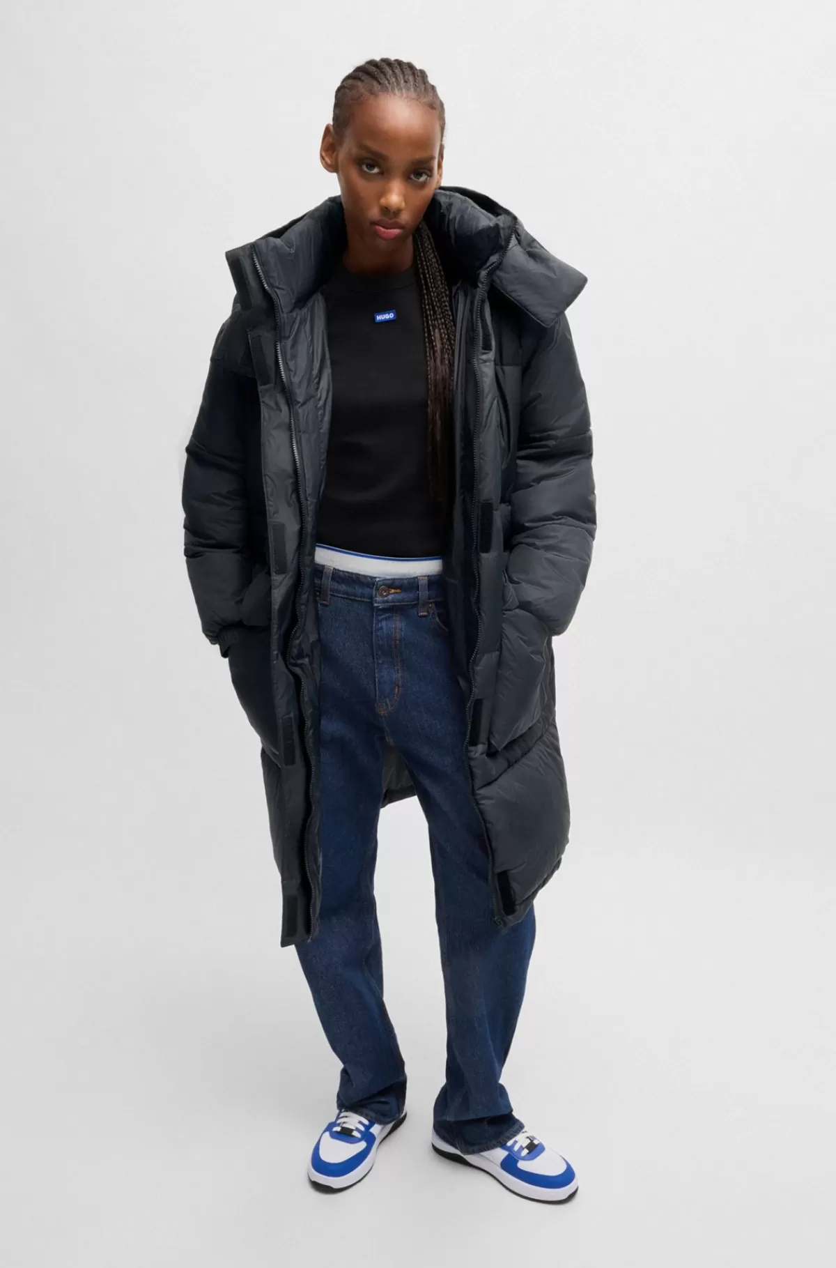 HUGO BOSS Lang Dynejakke Med Aftagelig Hætte Sort Best Sale