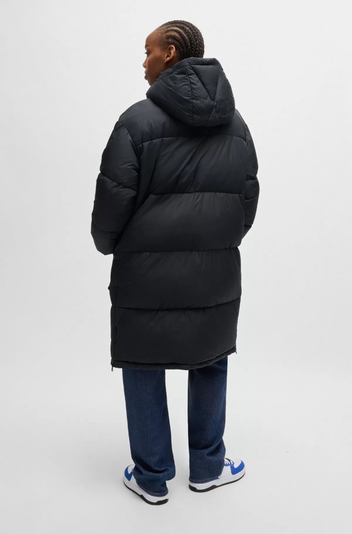 HUGO BOSS Lang Dynejakke Med Aftagelig Hætte Sort Best Sale