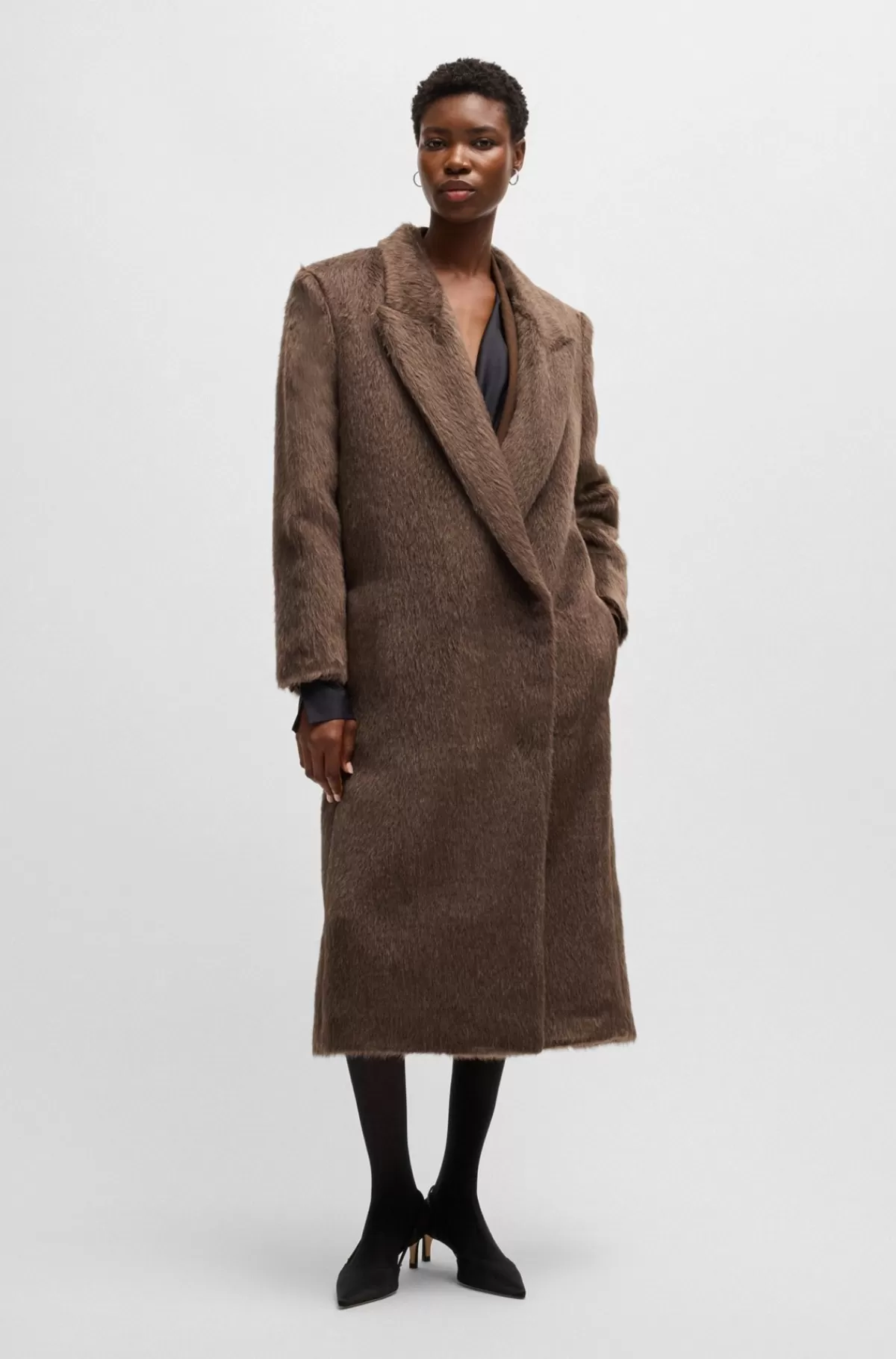 HUGO BOSS Lang Frakke I Alpaca Og Ny Uld Brun Cheap