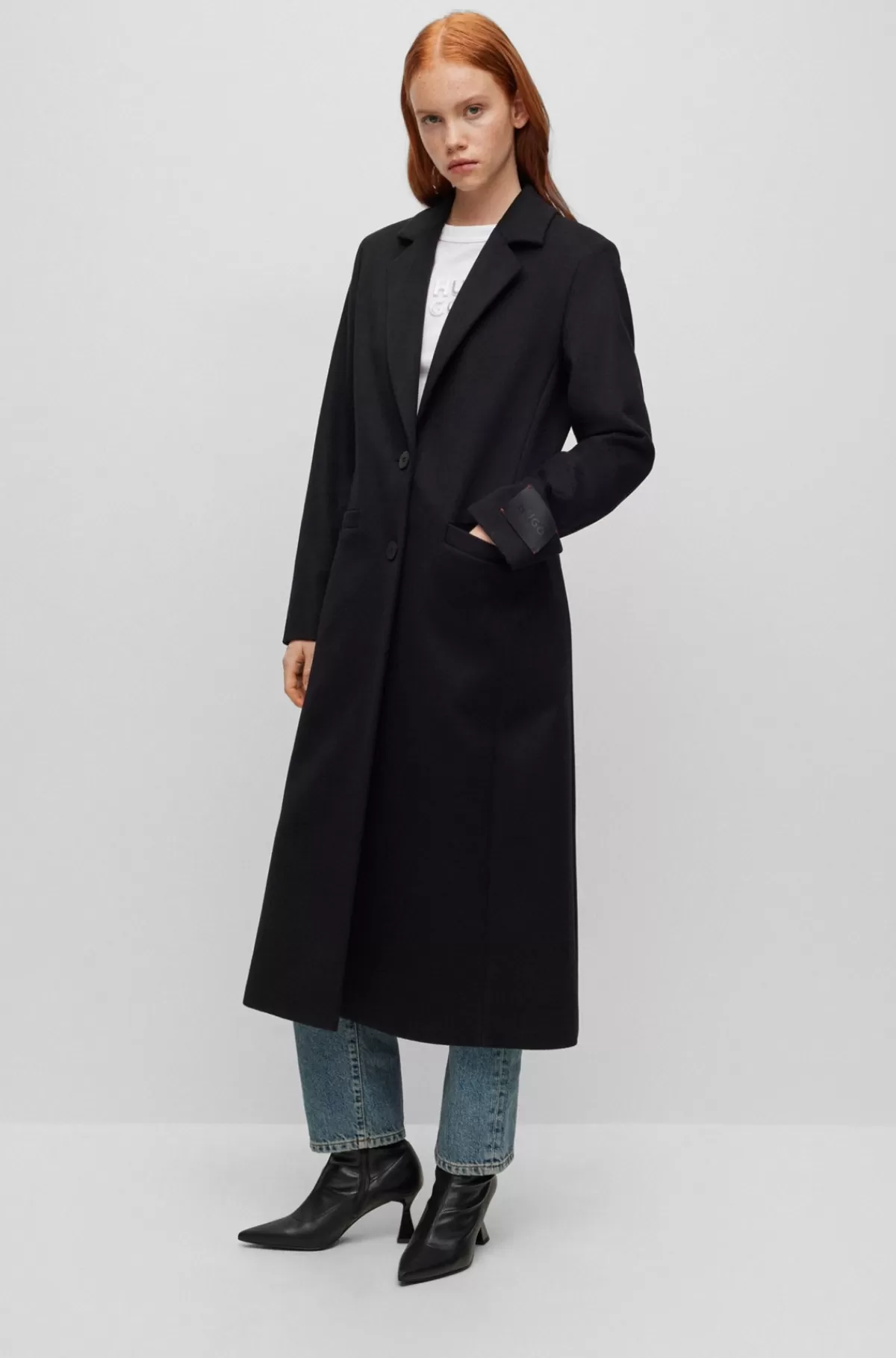 HUGO BOSS Lang Frakke Med Afslappet Pasform I Uldblanding Sort Hot