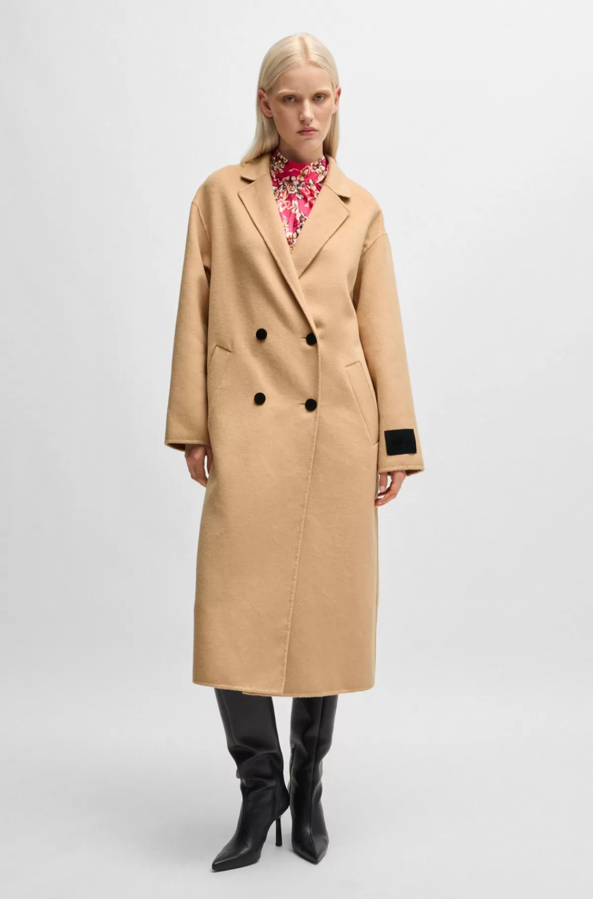 HUGO BOSS Lang Frakke Med Oversize Fit Og Dobbeltradet Lukning Beige Sale