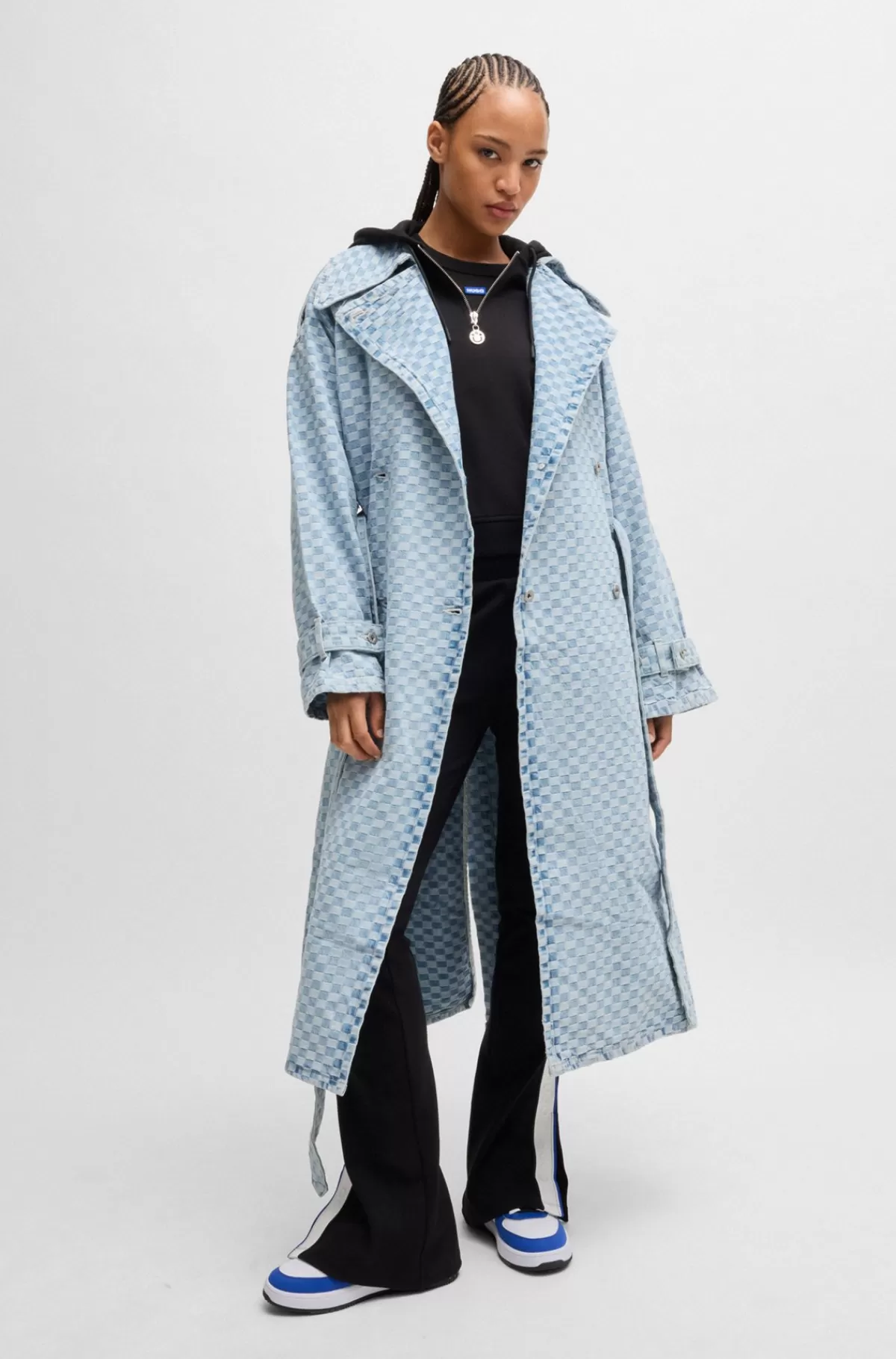 HUGO BOSS Lang Trenchcoat I Skakternet Denimjacquard Lyseblå Shop