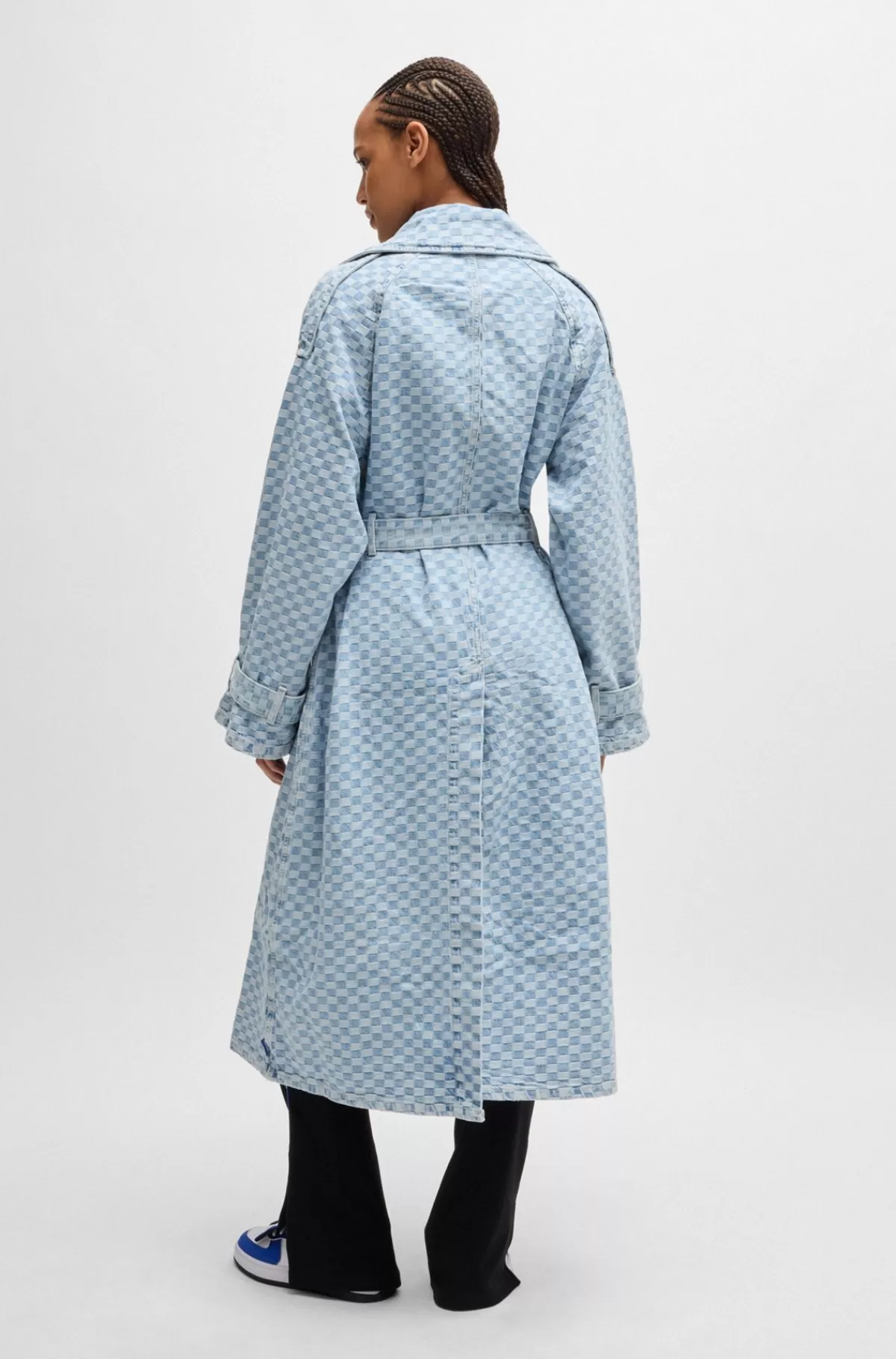 HUGO BOSS Lang Trenchcoat I Skakternet Denimjacquard Lyseblå Shop