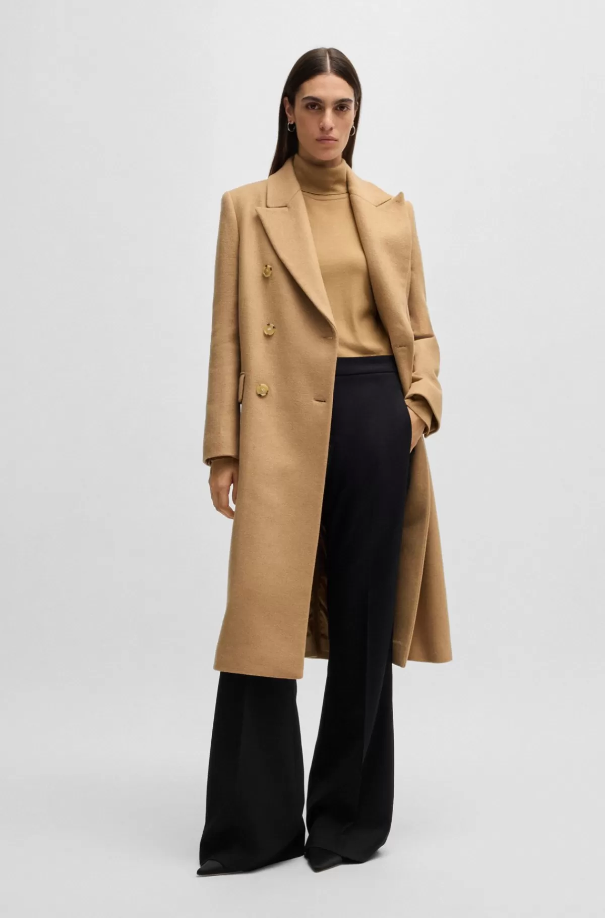 HUGO BOSS Lang Twillfrakke Med Dobbeltradet Lukning Lysebrun Cheap