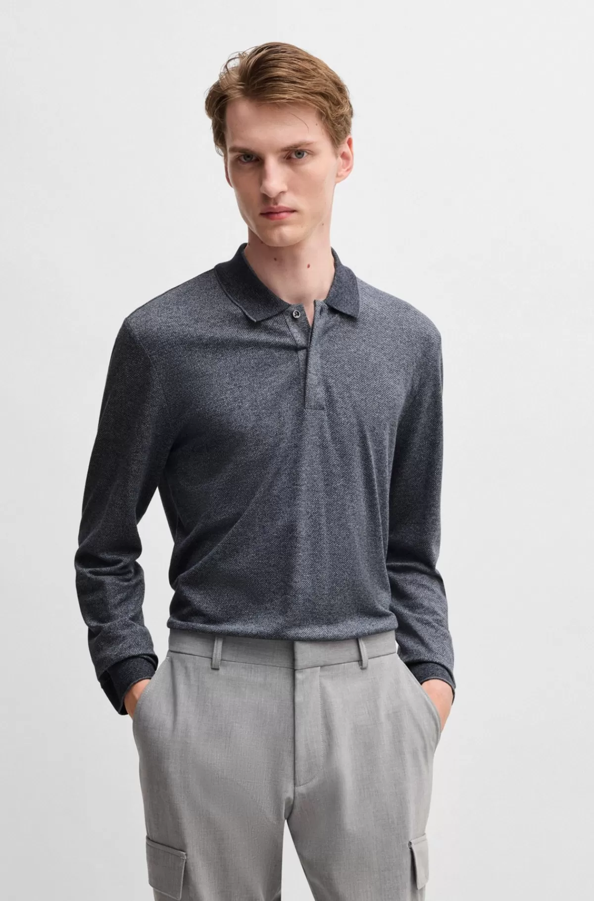 HUGO BOSS Langærmet Poloshirt I Strik Af Moulinébomuld Og Silke Mørkeblå Sale