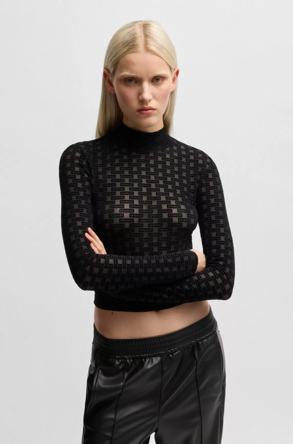 HUGO BOSS Langærmet T-shirt I Mesh Med Sæsonens Print Og Med Stræk Sort mønstret Fashion