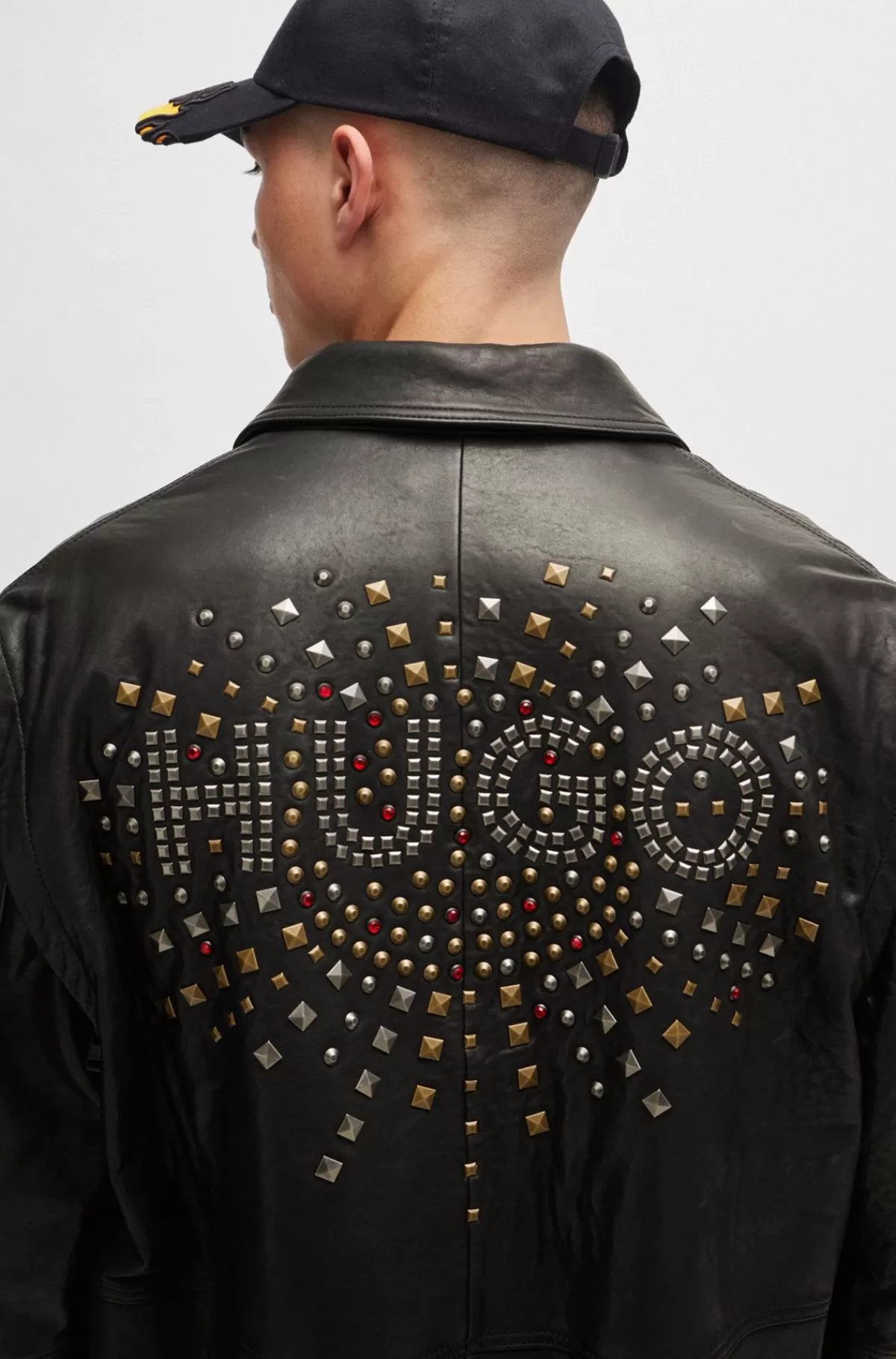 HUGO BOSS Læderjakke Med Aftagelige ærmer Og Nittegrafik Sort Clearance