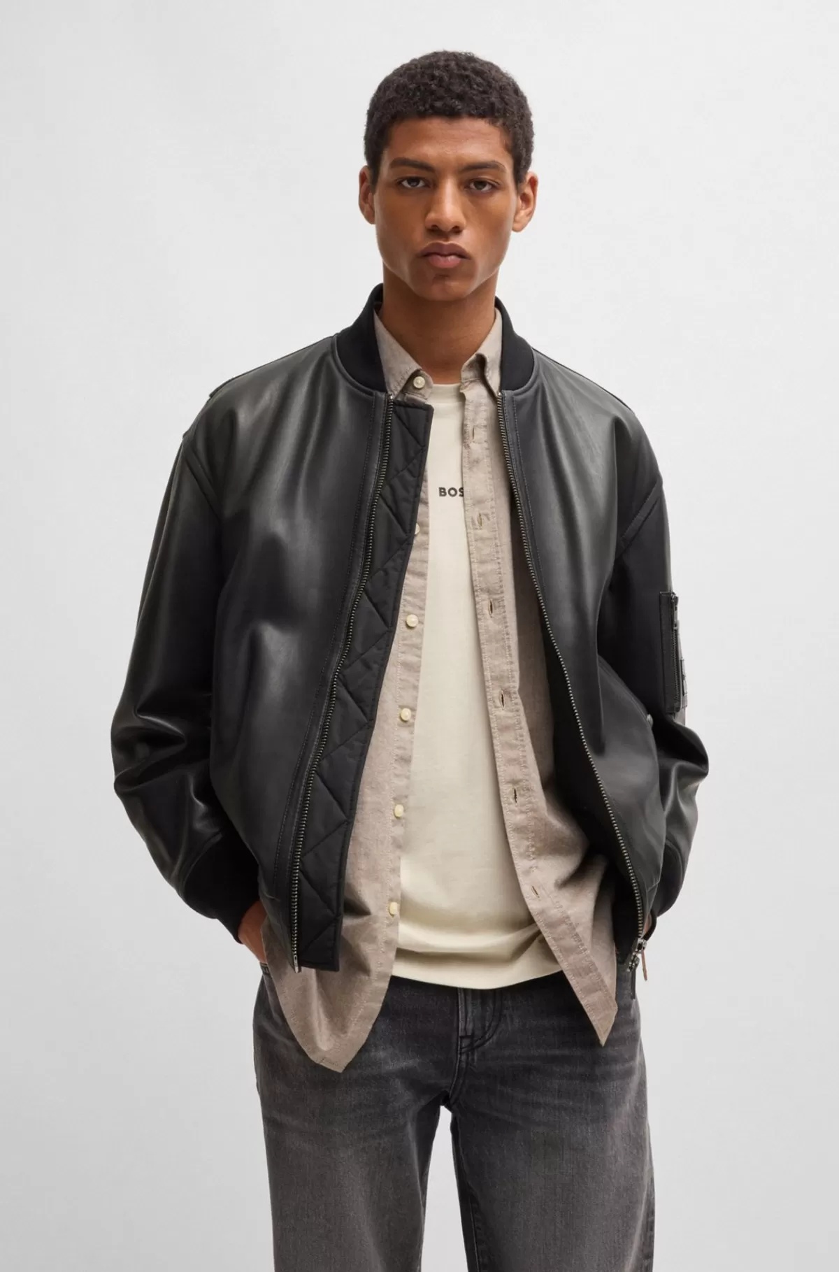 HUGO BOSS Læderjakke Med Relaxed Fit Og Lomme På ærmet Sort Best Sale