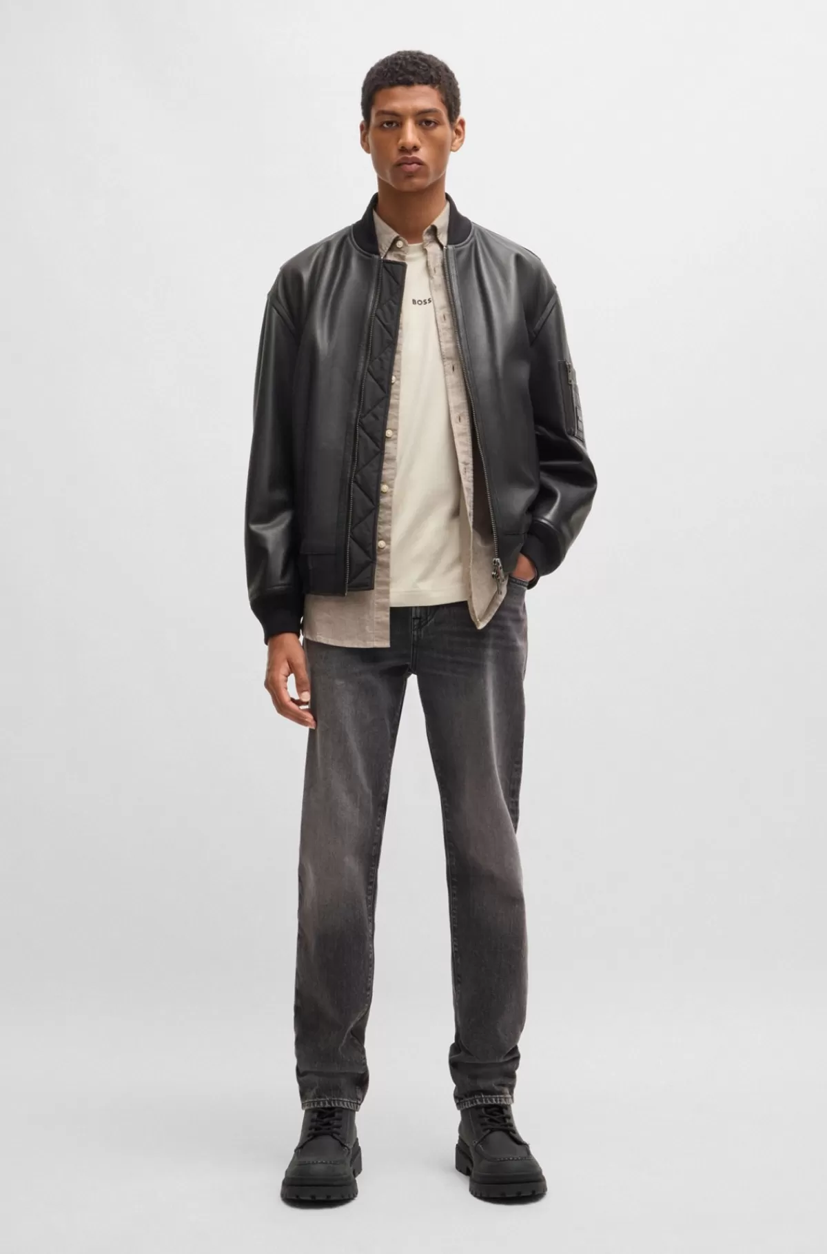 HUGO BOSS Læderjakke Med Relaxed Fit Og Lomme På ærmet Sort Best Sale