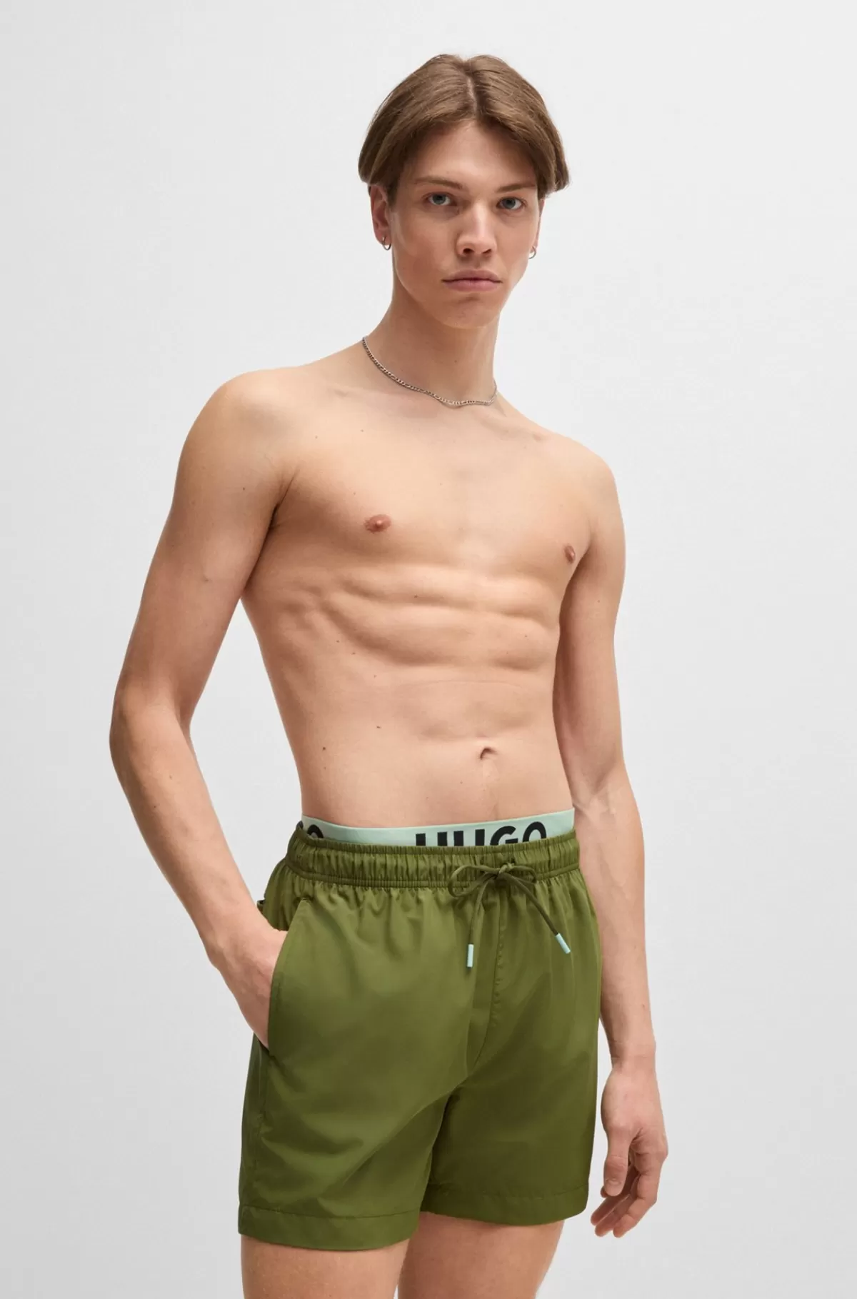 HUGO BOSS Logoprintede Badeshorts Med Dobbelt Linning Grøn Shop