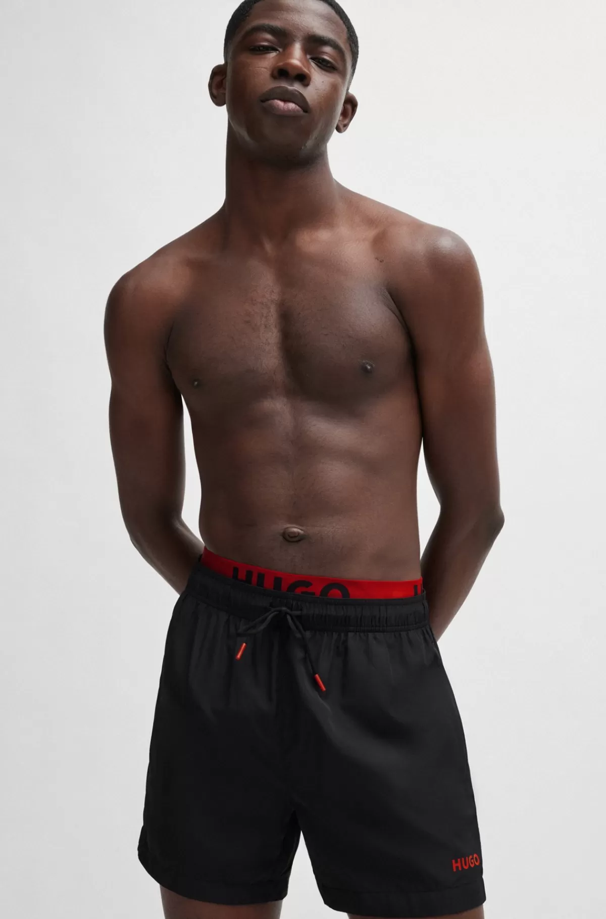 HUGO BOSS Logoprintede Badeshorts Med Dobbelt Linning Sort Shop