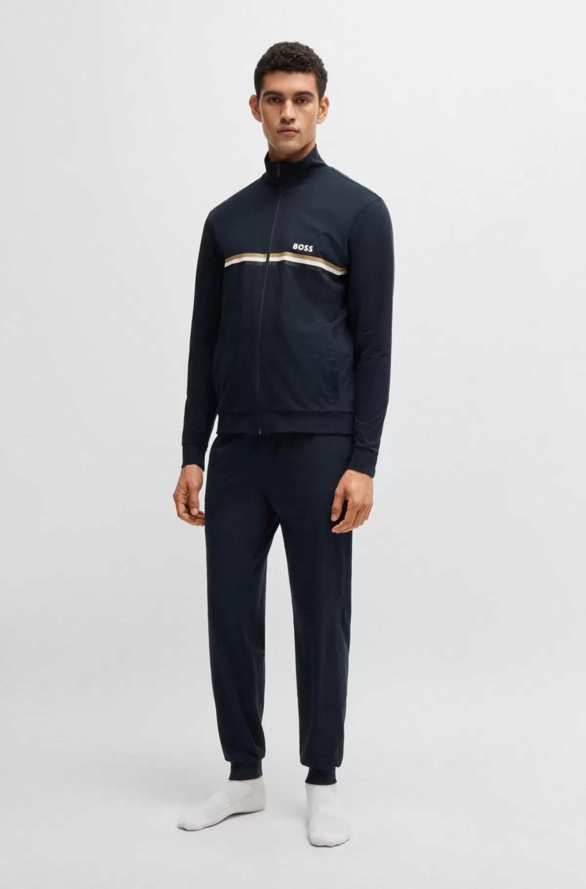 HUGO BOSS Loungewearsæt I Bomuld Med Stræk, Signaturstriber Og Logoer Mørkeblå Cheap