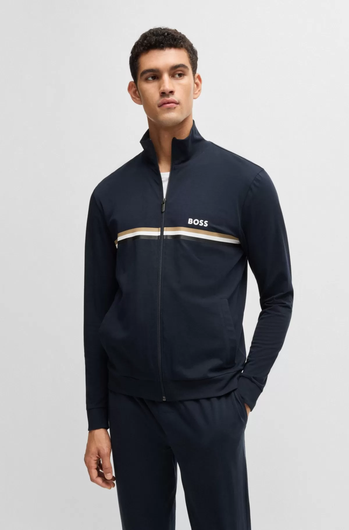 HUGO BOSS Loungewearsæt I Bomuld Med Stræk, Signaturstriber Og Logoer Mørkeblå Cheap