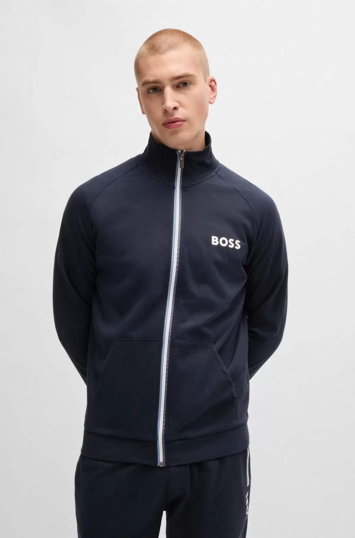 HUGO BOSS Lynlåsjakke I Fransk Frotté Med Logodetalje Mørkeblå New