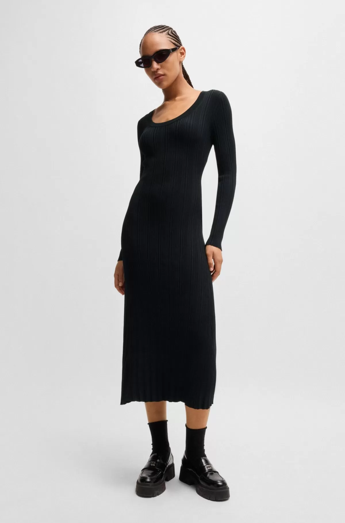 HUGO BOSS Midikjole Med Slim Fit Og Uregelmæssig Ribstruktur Sort Fashion