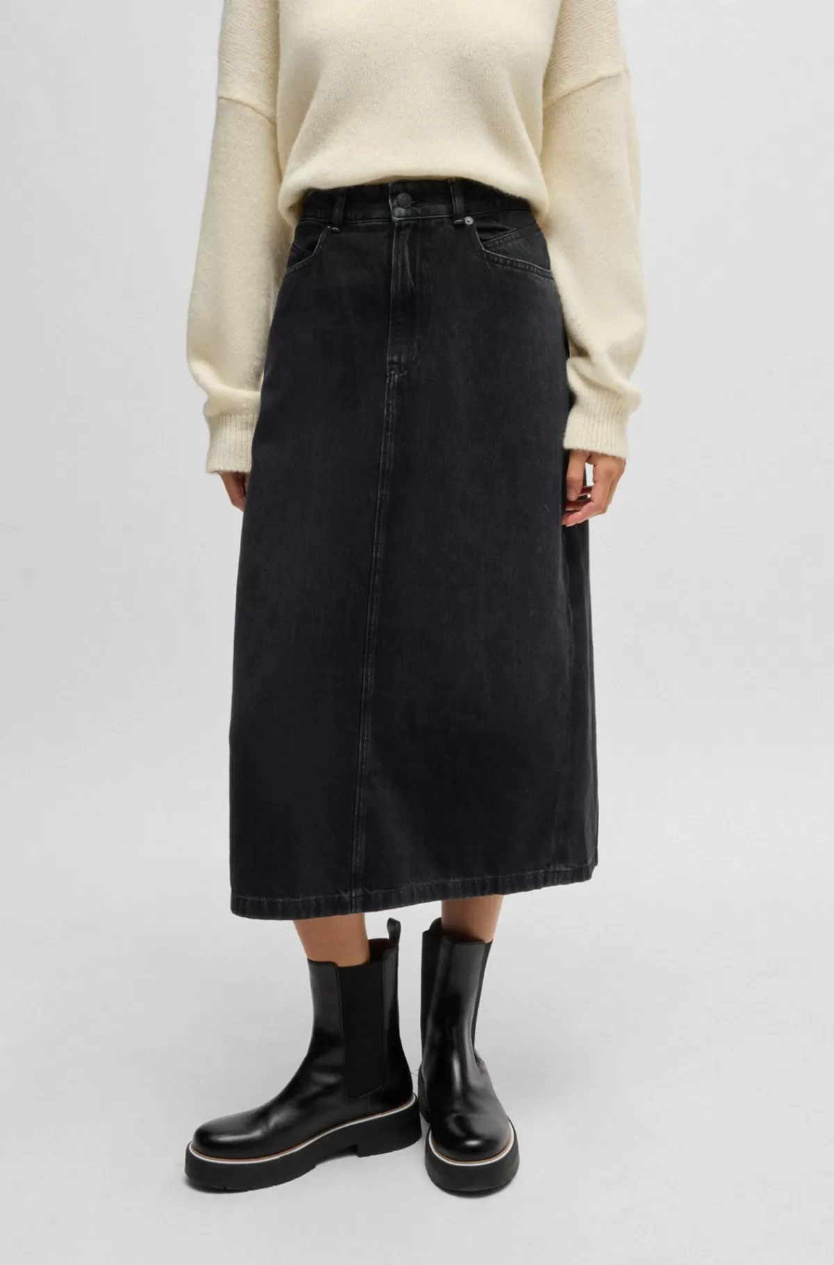 HUGO BOSS Midinederdel I Denim Med Slids Bagtil Sort Shop