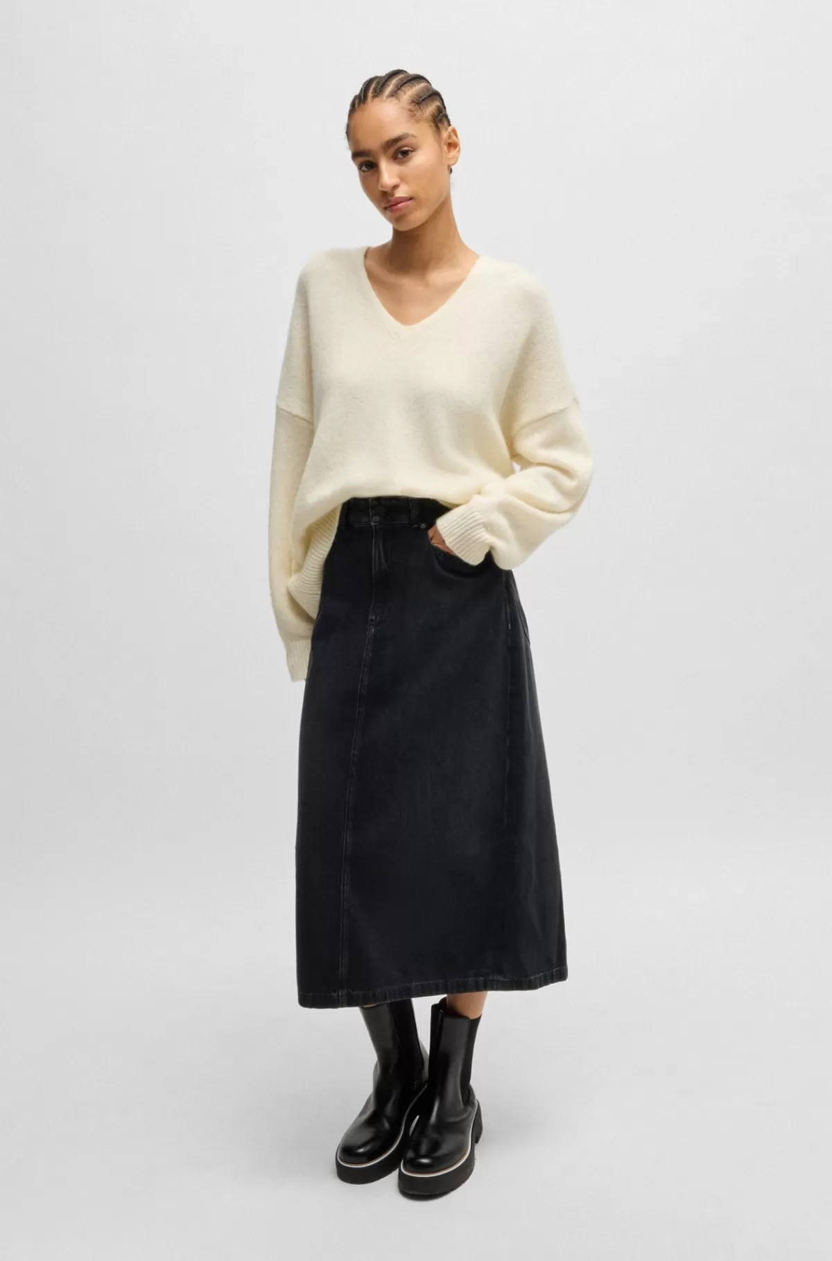 HUGO BOSS Midinederdel I Denim Med Slids Bagtil Sort Shop