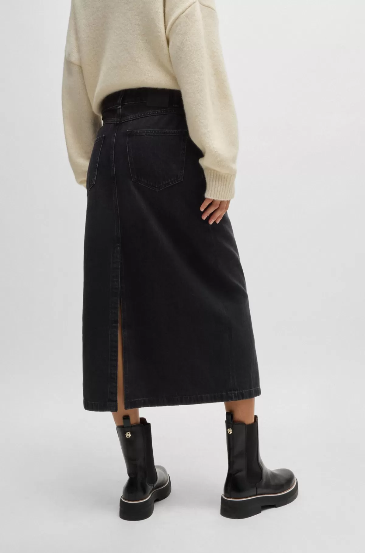 HUGO BOSS Midinederdel I Denim Med Slids Bagtil Sort Shop