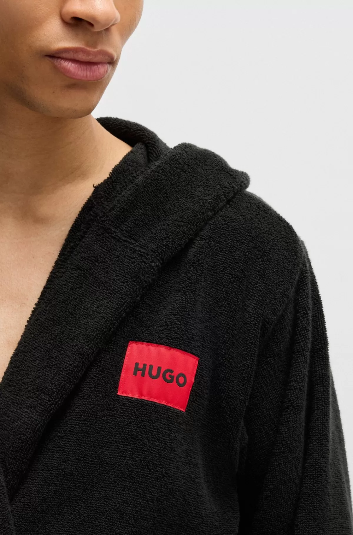 HUGO BOSS Morgenkåbe I Bomuldsfrotté Med Rødt Logomærkat Sort Cheap