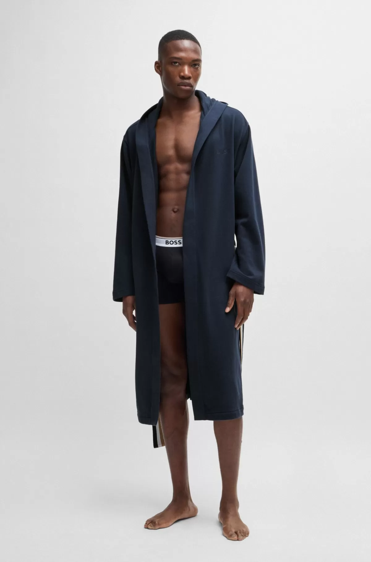 HUGO BOSS Morgenkåbe I Sweatkvalitet Af Bomuld Med Hætte Og Signaturstribet Bælte Mørkeblå Shop
