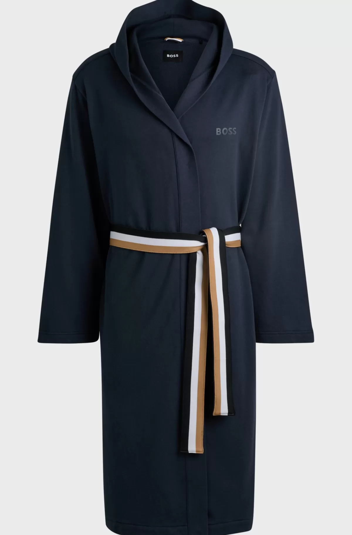 HUGO BOSS Morgenkåbe I Sweatkvalitet Af Bomuld Med Hætte Og Signaturstribet Bælte Mørkeblå Shop