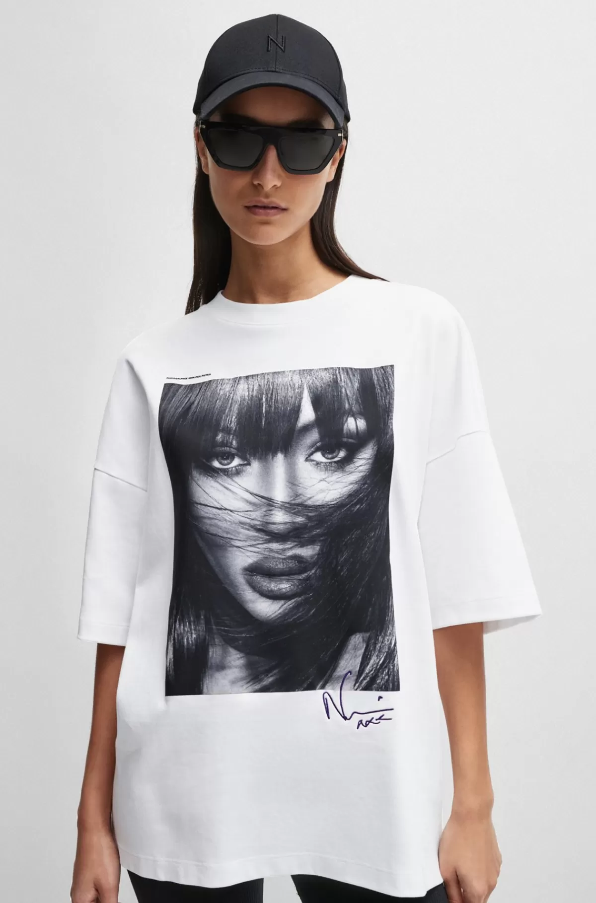 HUGO BOSS NAOMI X BOSS-T-shirt I Interlock-bomuld Med Sænkede Skuldre Hvid Online
