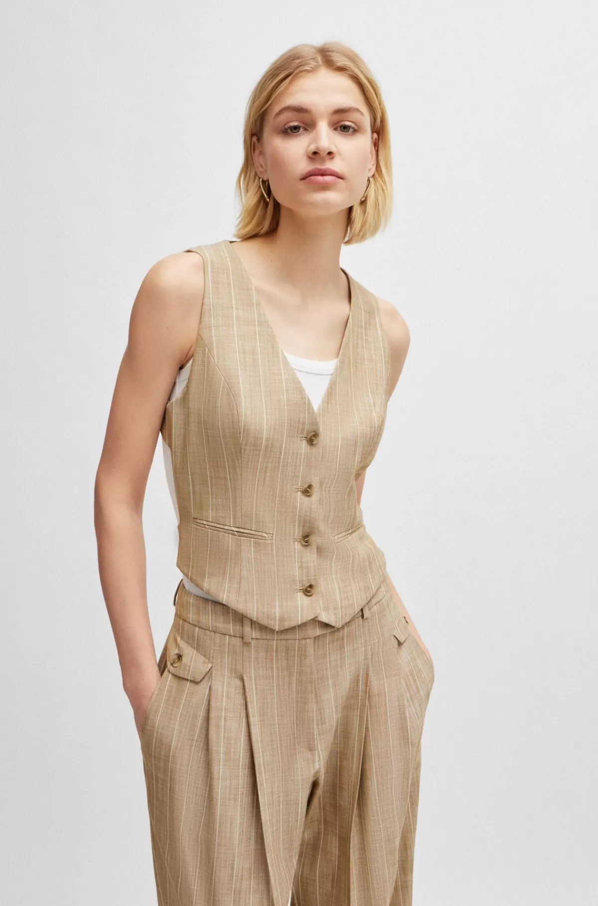 HUGO BOSS Nålestribet Vest Til Jakkesæt Med åben Ryg Beige Best