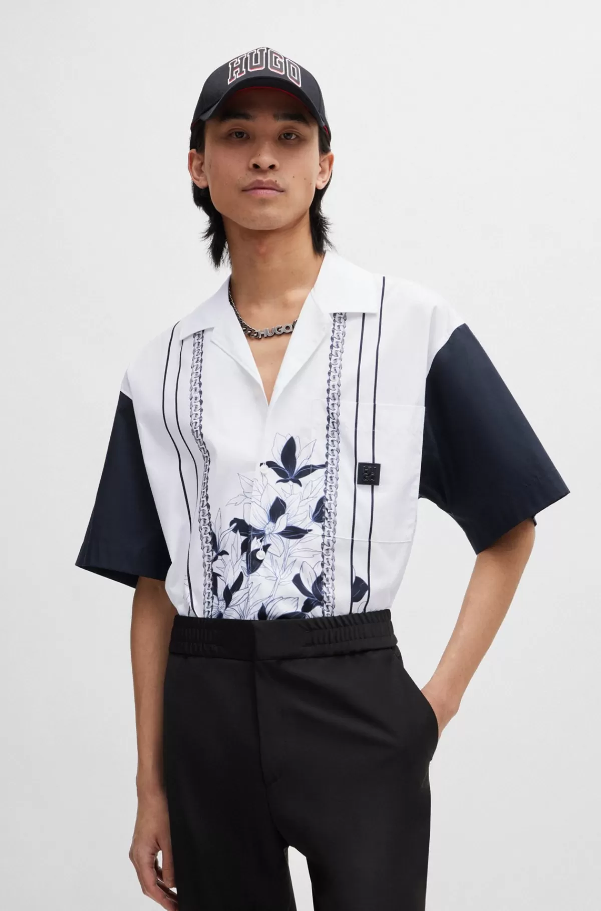 HUGO BOSS Oversize Fit Bomuldsskjorte Med Blomster- Og Kædeprint Hvid Hot