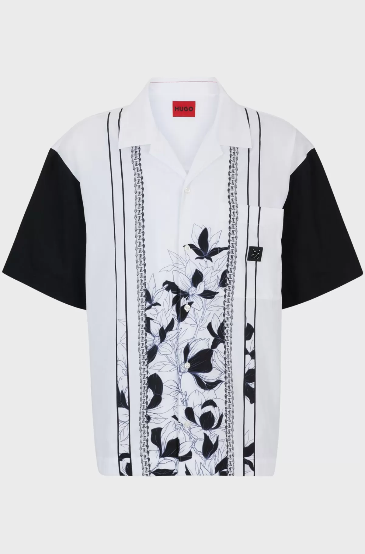 HUGO BOSS Oversize Fit Bomuldsskjorte Med Blomster- Og Kædeprint Hvid Hot