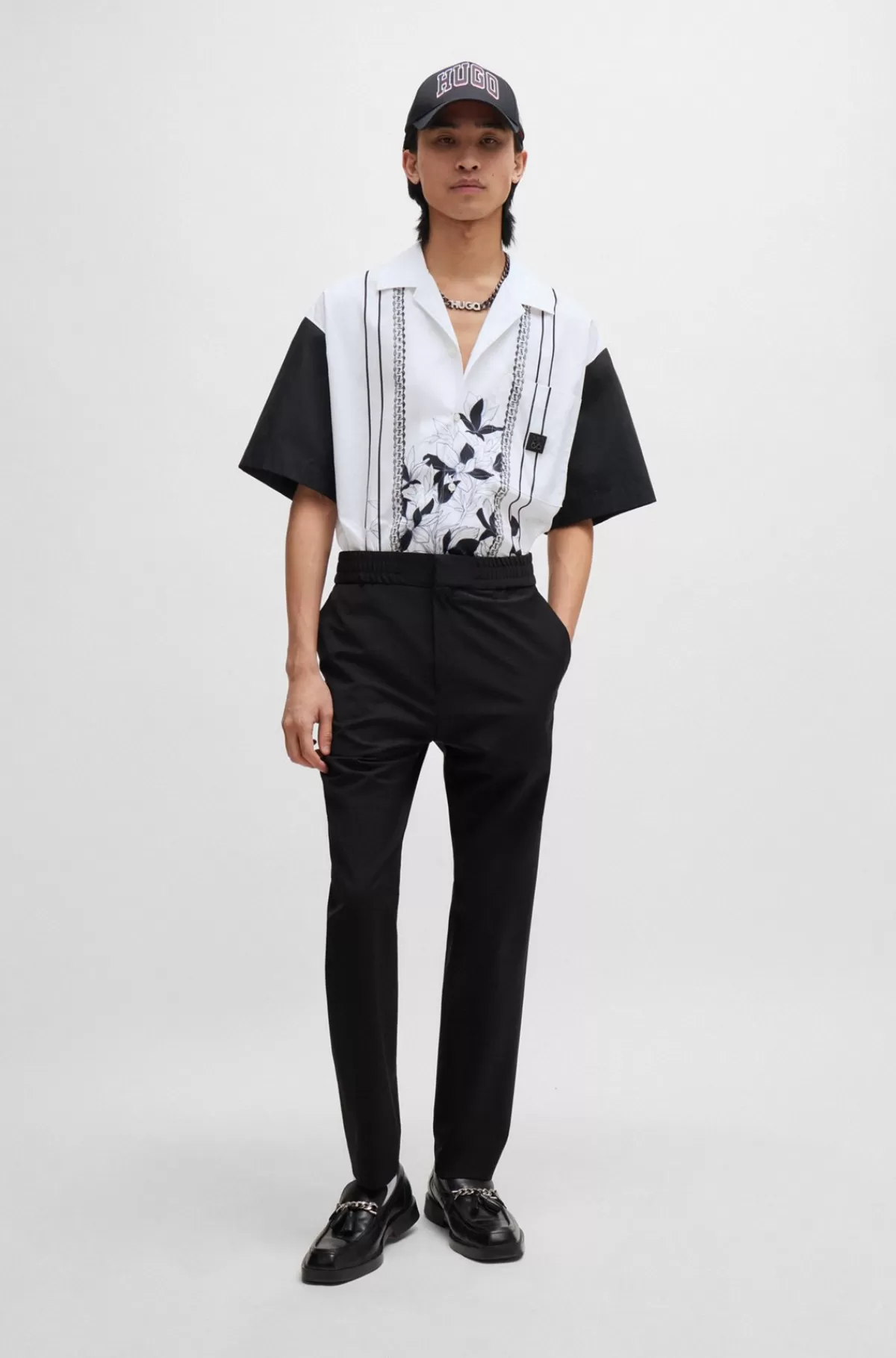 HUGO BOSS Oversize Fit Bomuldsskjorte Med Blomster- Og Kædeprint Hvid Hot