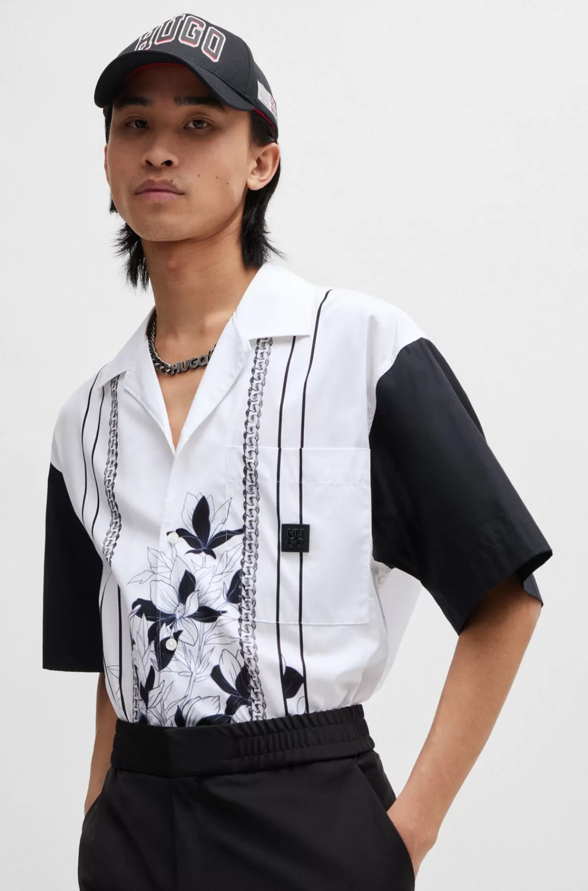 HUGO BOSS Oversize Fit Bomuldsskjorte Med Blomster- Og Kædeprint Hvid Hot