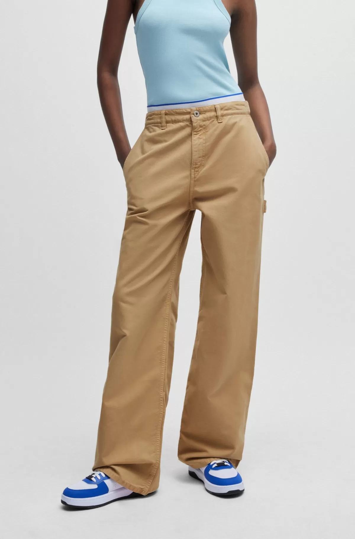 HUGO BOSS Oversize Fit Bukser Med Vide Ben I Bomuldskanvas Beige Sale