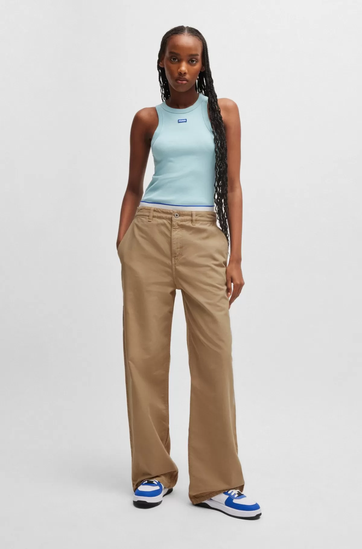 HUGO BOSS Oversize Fit Bukser Med Vide Ben I Bomuldskanvas Beige Sale