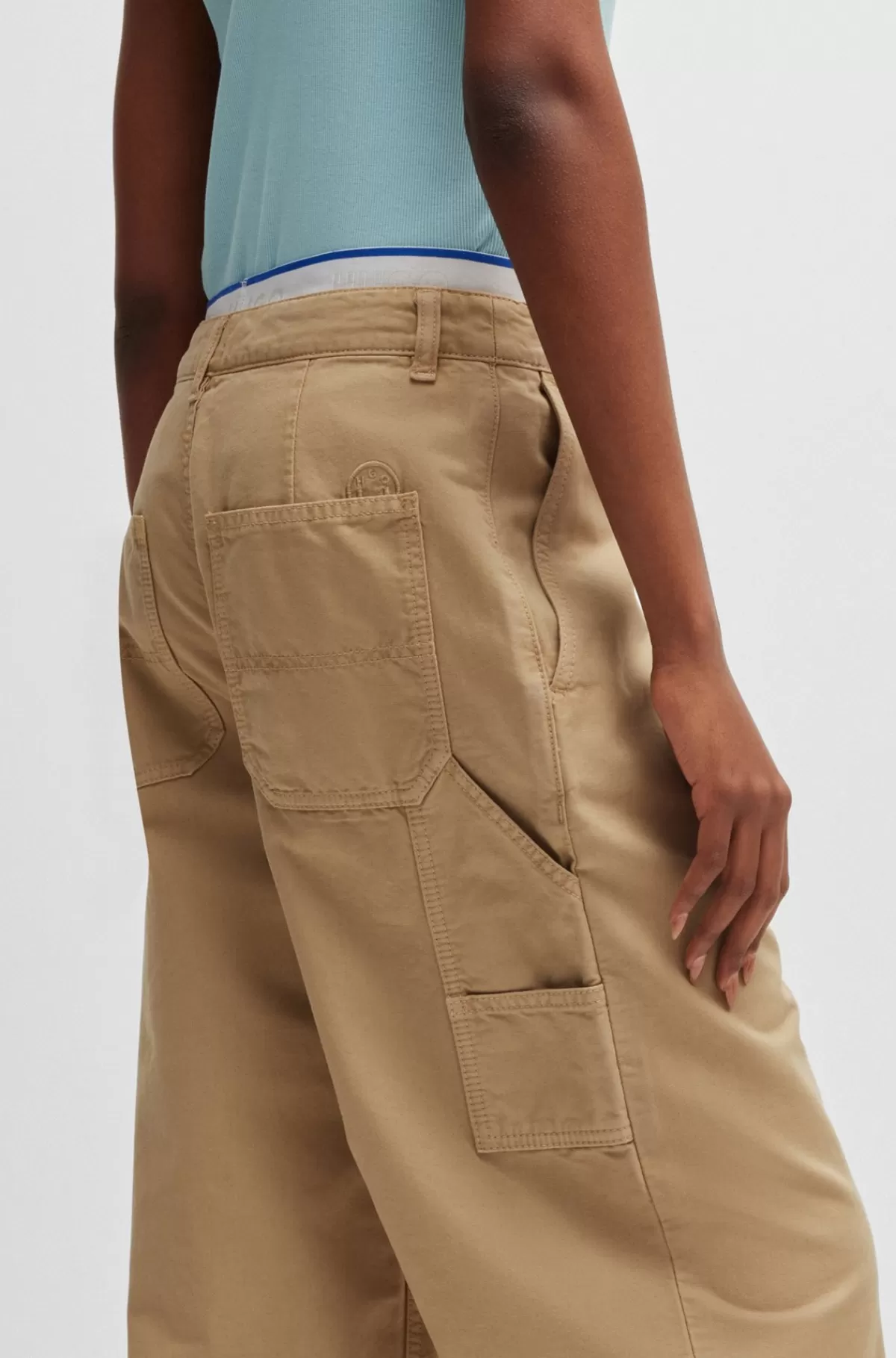 HUGO BOSS Oversize Fit Bukser Med Vide Ben I Bomuldskanvas Beige Sale