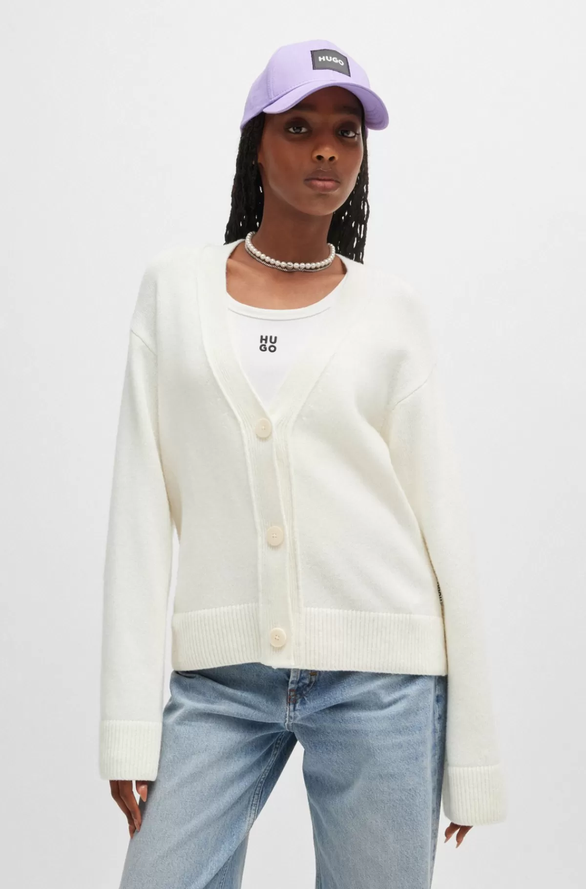 HUGO BOSS Oversize Fit Cardigan Med Uld Og Kashmir Hvid Sale
