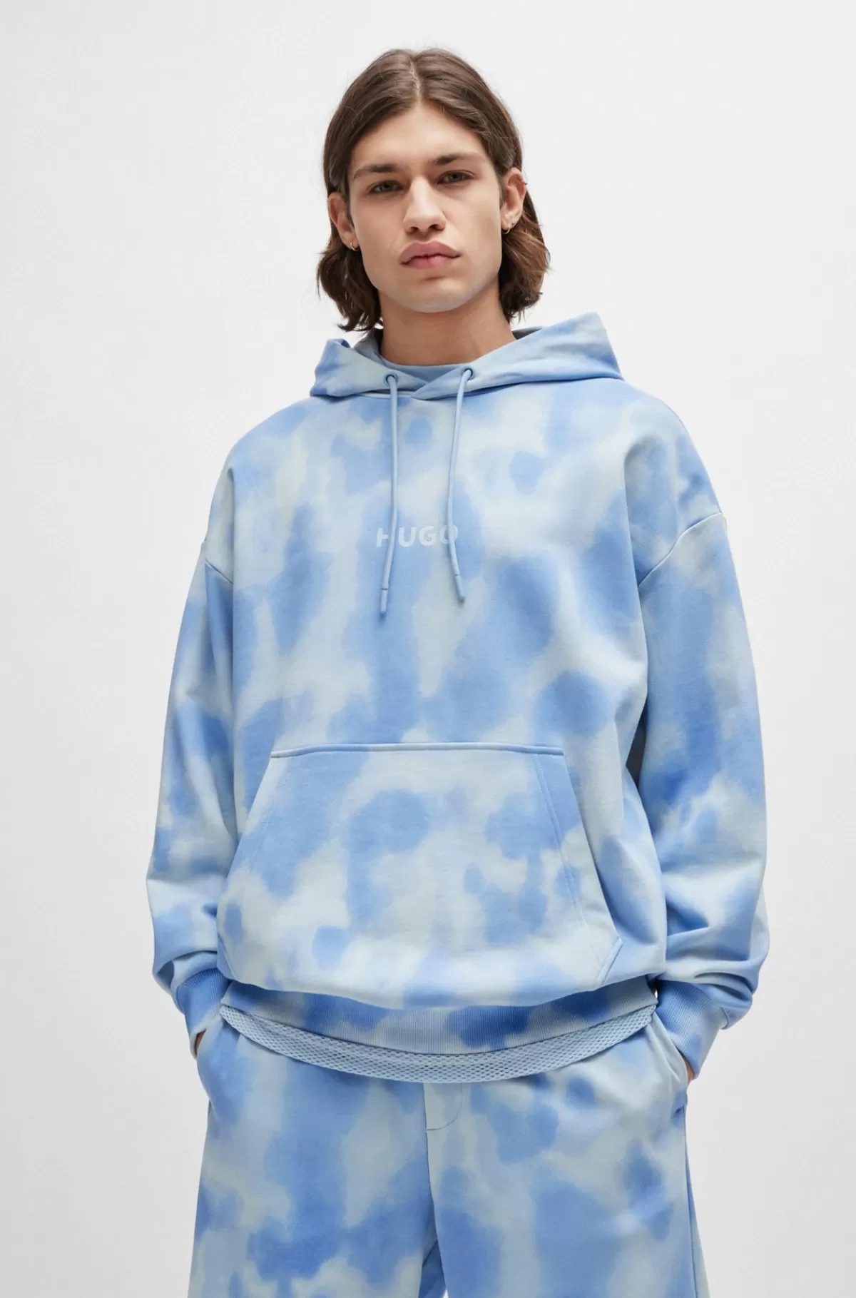 HUGO BOSS Oversize Fit Hættetrøje I Bomuld Med Sæsonens Print Lyseblå Flash Sale