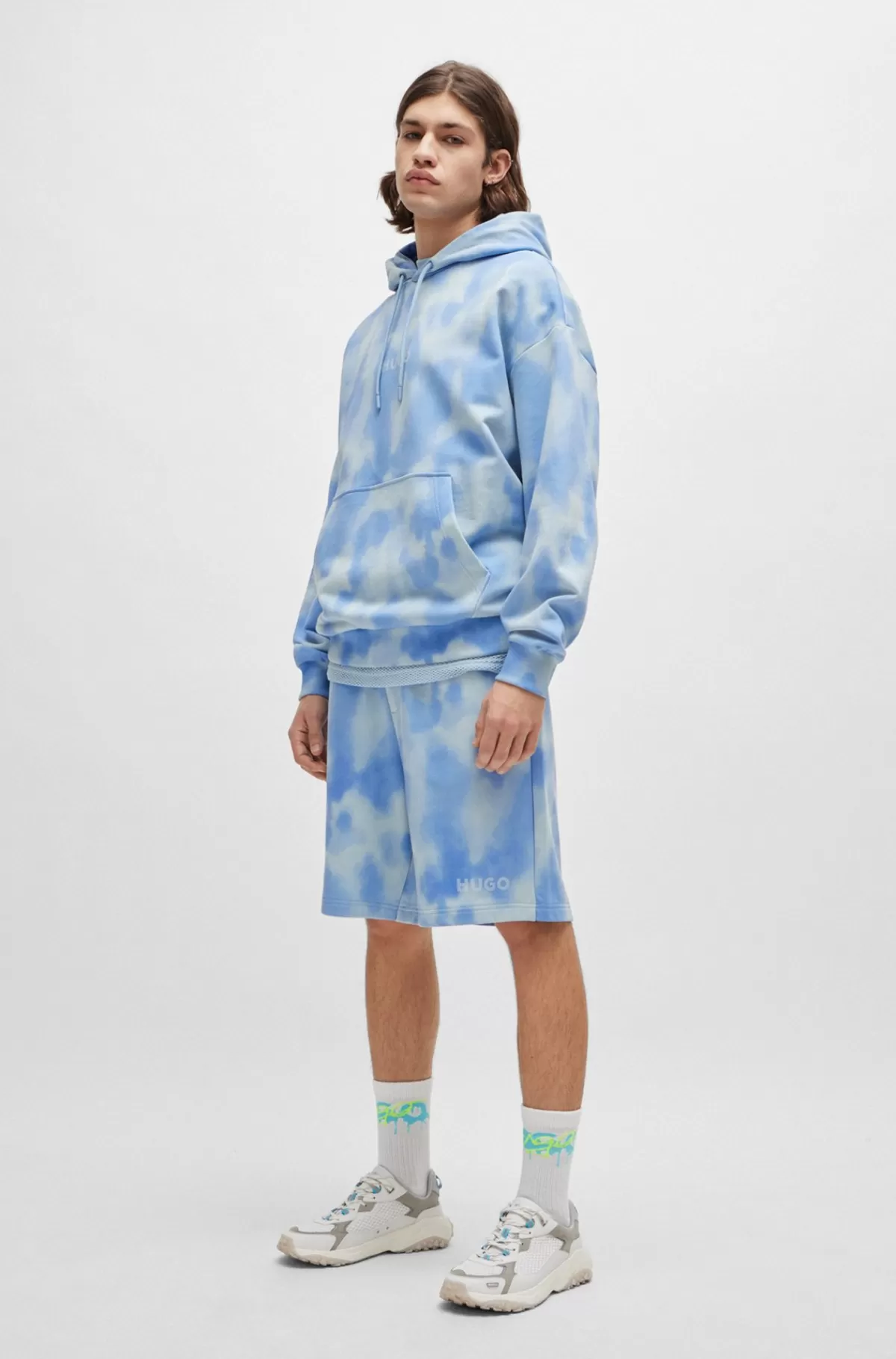 HUGO BOSS Oversize Fit Hættetrøje I Bomuld Med Sæsonens Print Lyseblå Flash Sale
