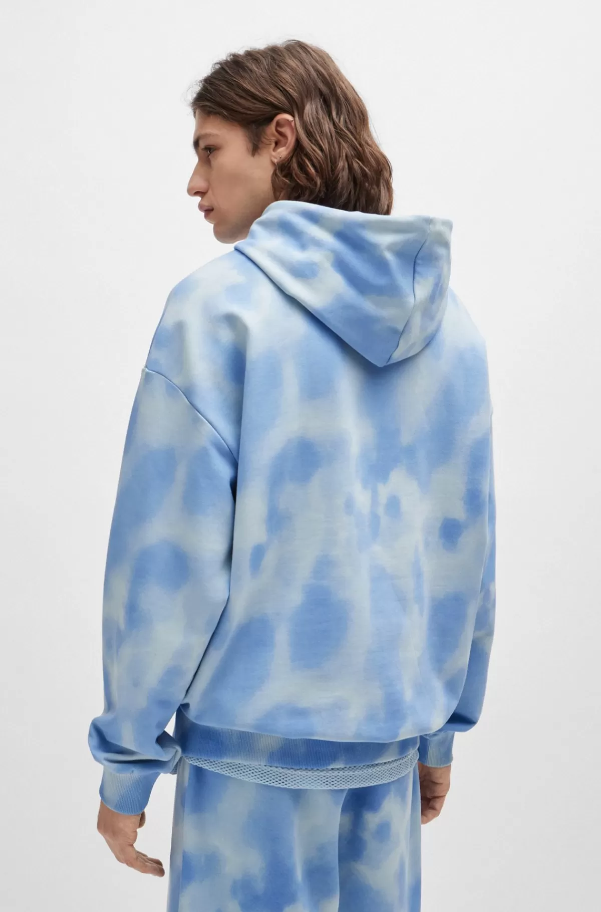 HUGO BOSS Oversize Fit Hættetrøje I Bomuld Med Sæsonens Print Lyseblå Flash Sale