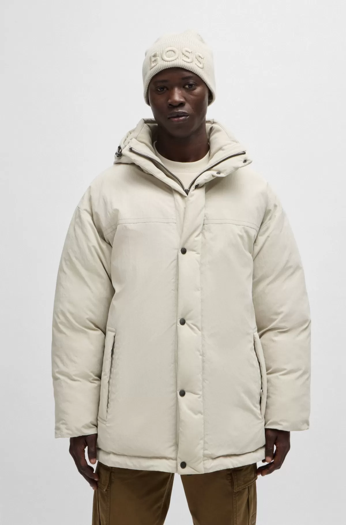 HUGO BOSS Oversize Fit Jakke I Stof Med Fløjlseffekt Og Aftagelig Hætte Naturlig Online