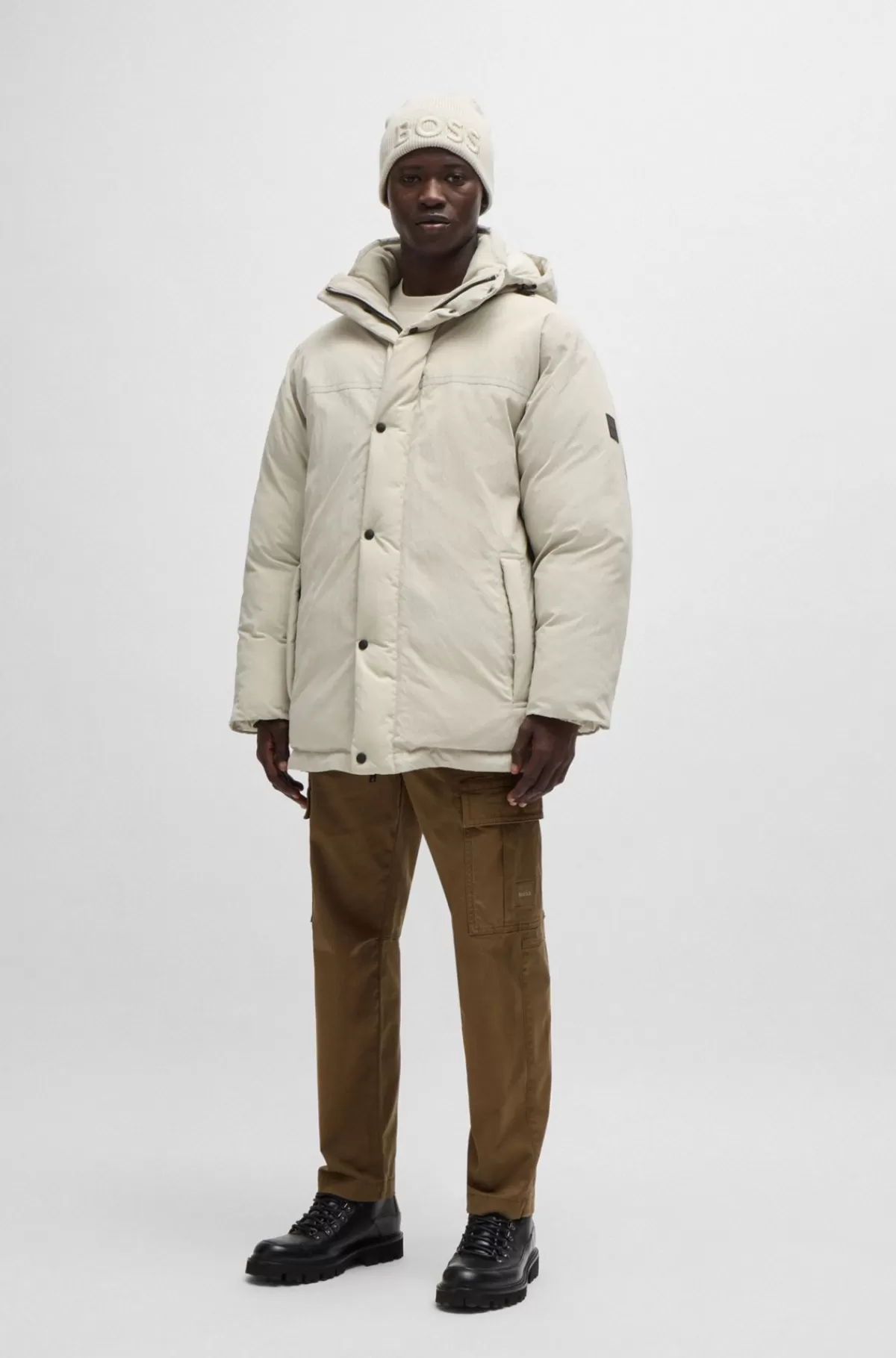 HUGO BOSS Oversize Fit Jakke I Stof Med Fløjlseffekt Og Aftagelig Hætte Naturlig Online