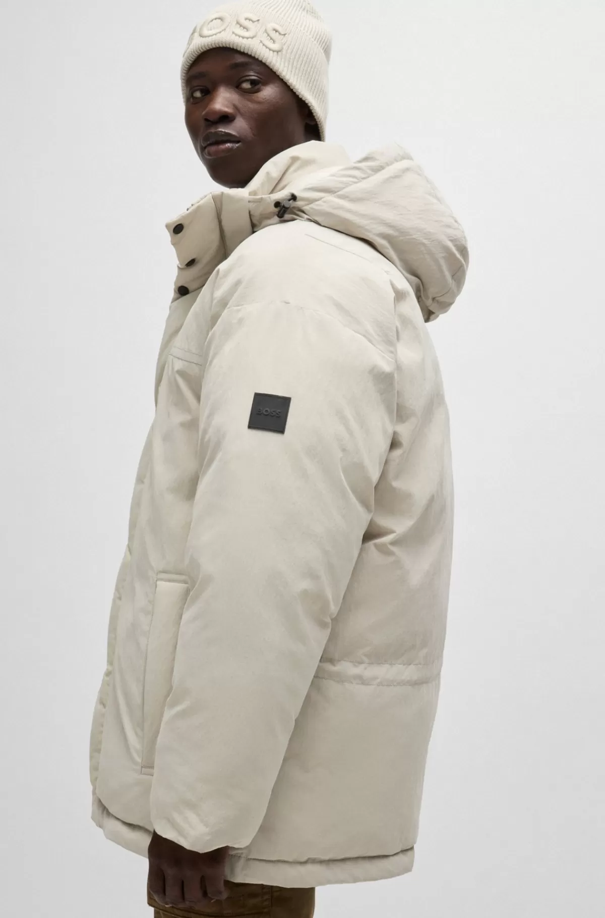 HUGO BOSS Oversize Fit Jakke I Stof Med Fløjlseffekt Og Aftagelig Hætte Naturlig Online