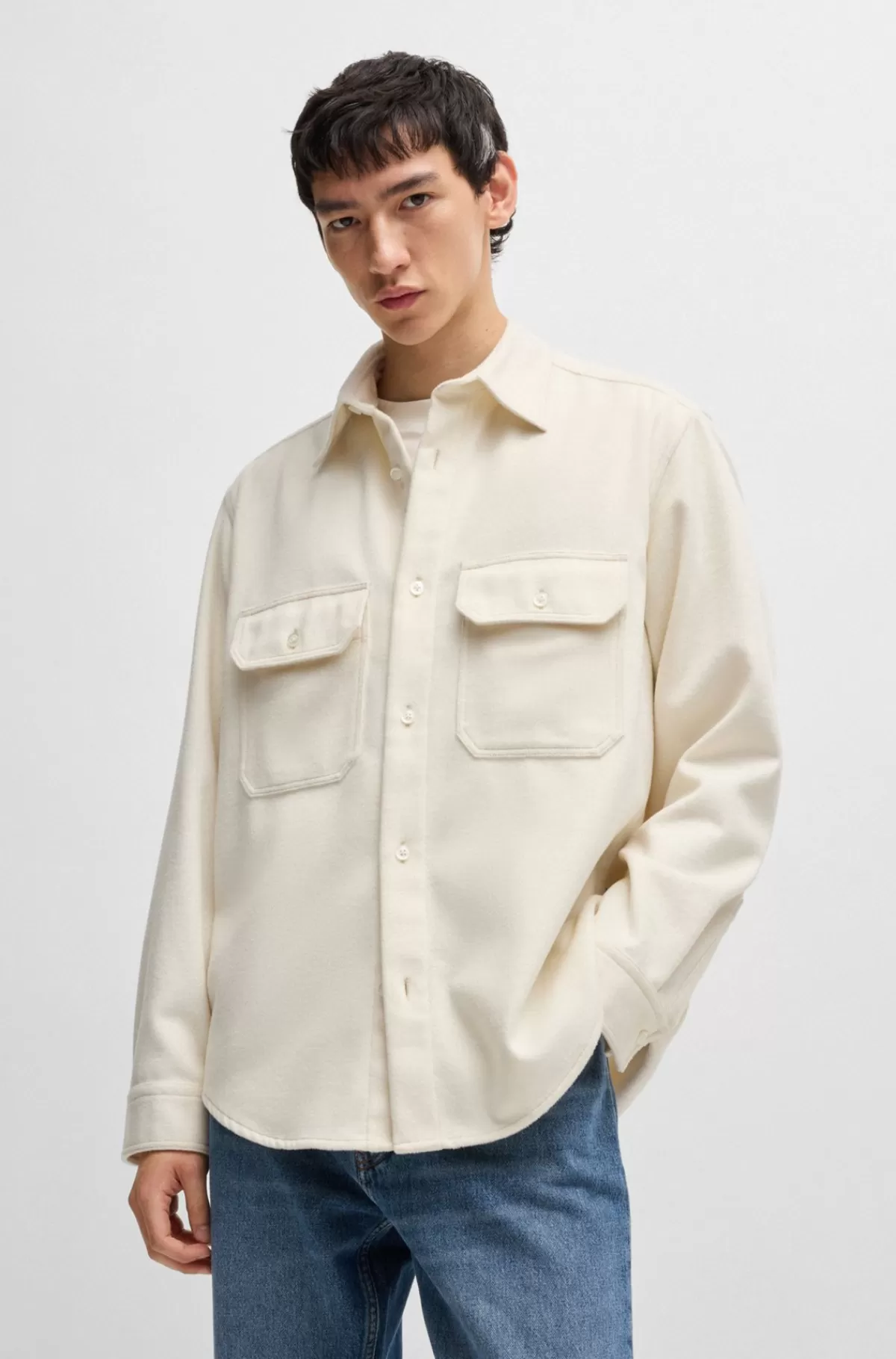 HUGO BOSS Oversize Fit Skjorte I Børstet Flannel Hvid Cheap