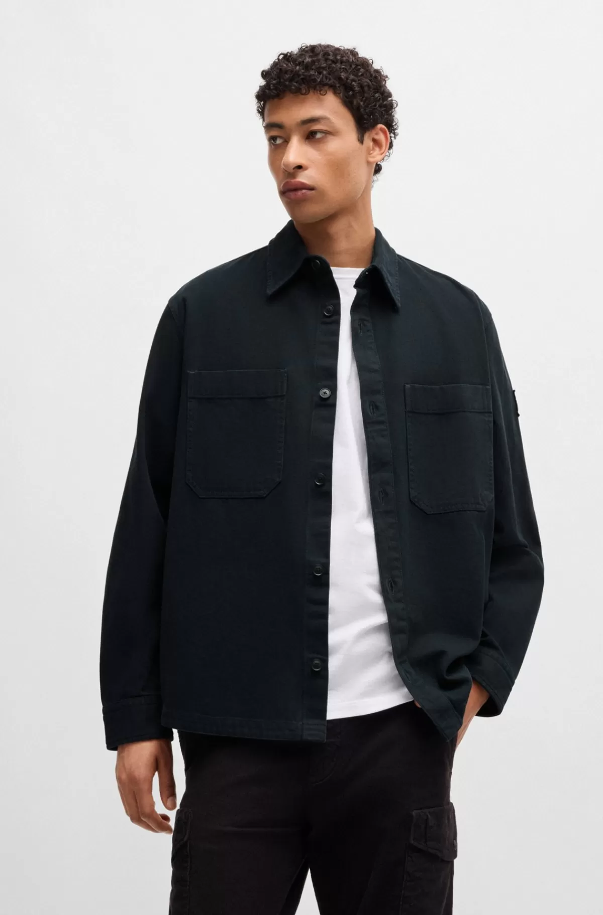 HUGO BOSS Oversize Fit Yderskjorte I Bomuldspiqué Med En Krave Med Spidse Flipper Mørkeblå Discount